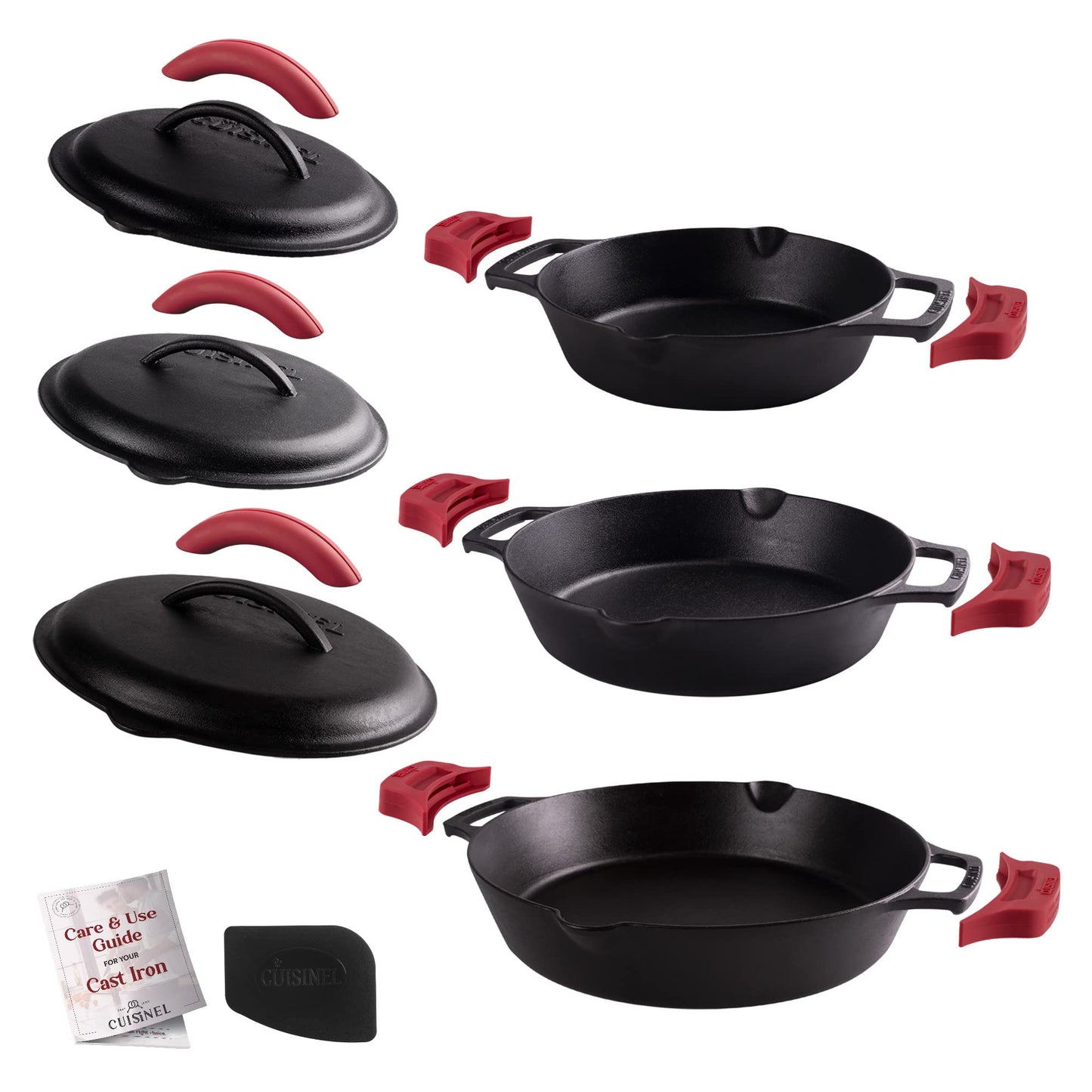 Cuisinel Cast Iron Skillet with Lid - 12"-inch Pre-Seasoned Covered Frying Pan Set + Silicone Handle & Lid Holders + Scraper/Cleaner - Indoor/Outdoor, Oven, Stovetop, Camping Fire, Grill Safe Cookware