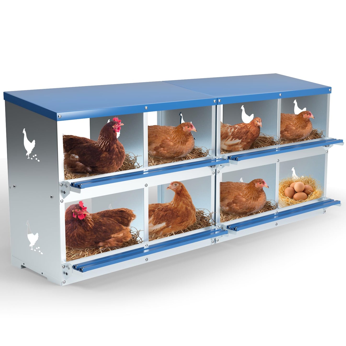 Chicken Nesting Box 8 Compartments Laying Boxes for Chicken Hens Ducks Poultry Protect Eggs Chicken Coop Easy Egg Collection Wall Mount Metal Nest Box for Chicken Coop