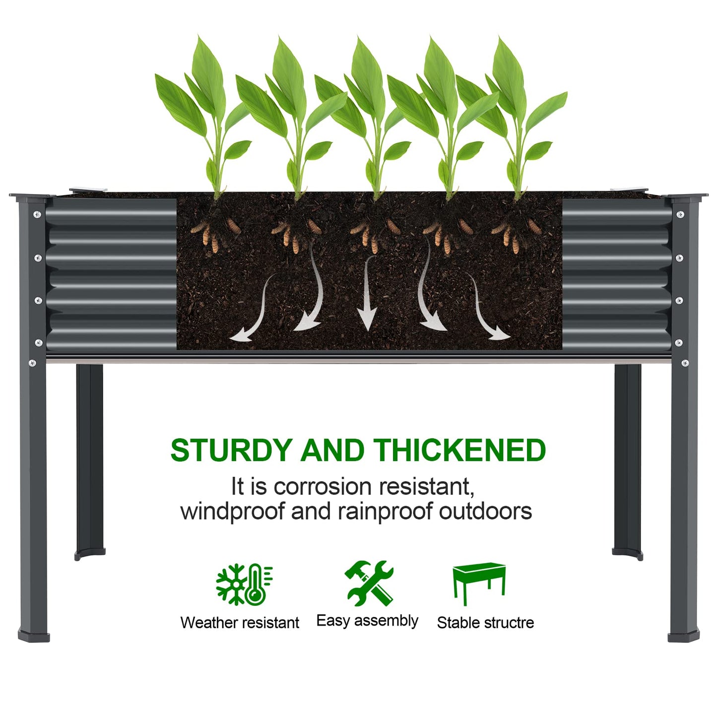 Land Guard Galvanized Raised Garden Bed with Legs, 48×24×32in Large Metal Elevated Raised Planter Box with Drainage Holes for Backyard, Patio, Balcony, 400lb Capacity