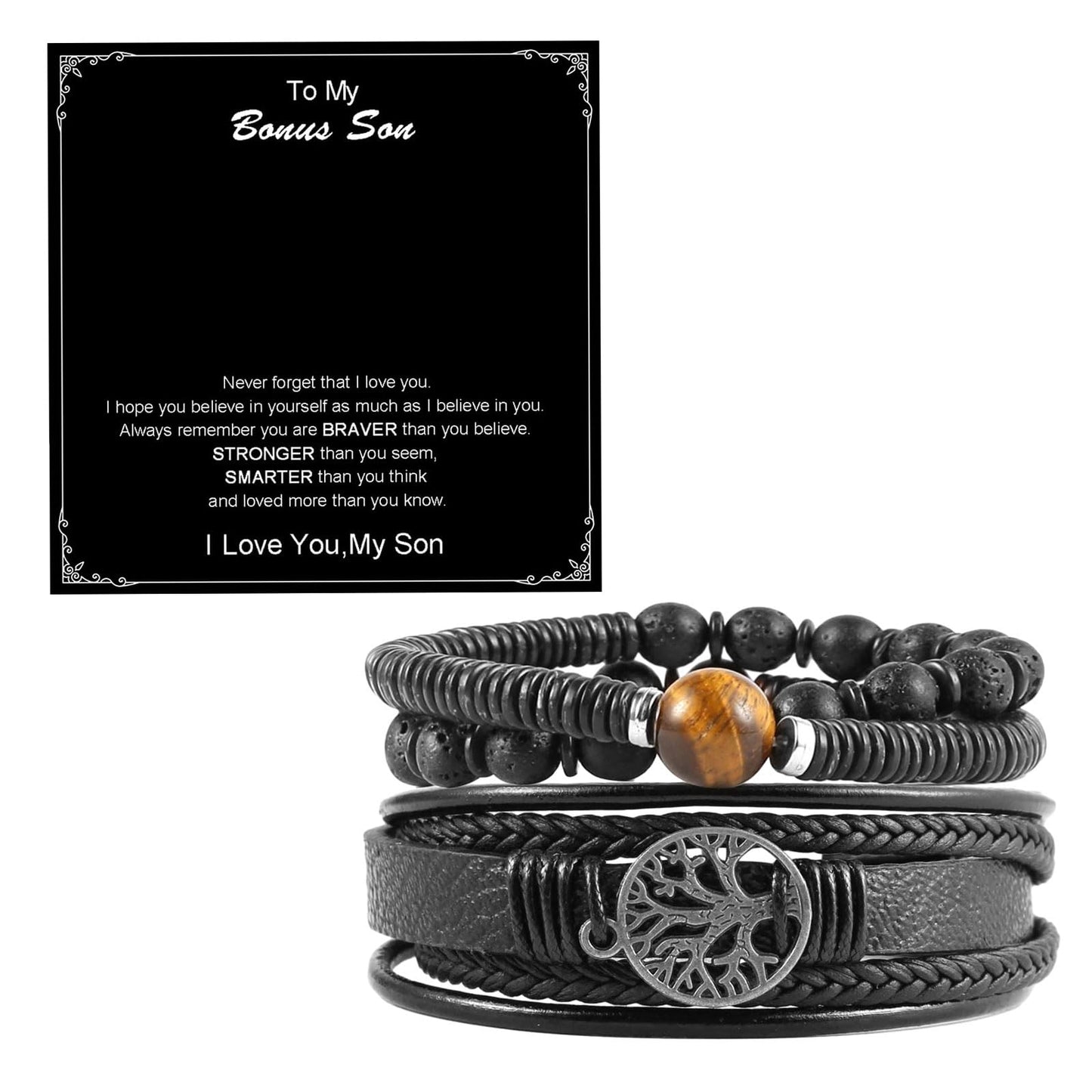 HZMAN Genuine Leather Tree of life Bracelets Men Women, Tiger Eye Natural Stone Lava Rock Beads Ethnic Tribal Elastic Bracelets Wristbands