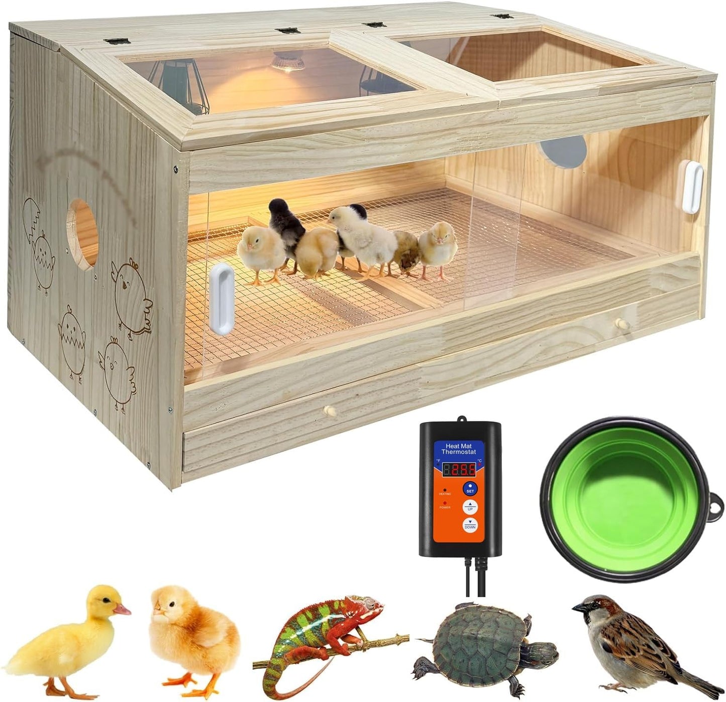 25-Piece Large Chicken Brooder Box Kit, All-in-One Kit Brooder Box, Drawer Manure Separation, Up to 35 Chicks Capacity, Brooder for Chicks, Ducks, Quails, Hamsters, Pattern C, 32" L x 16" W x 16" H