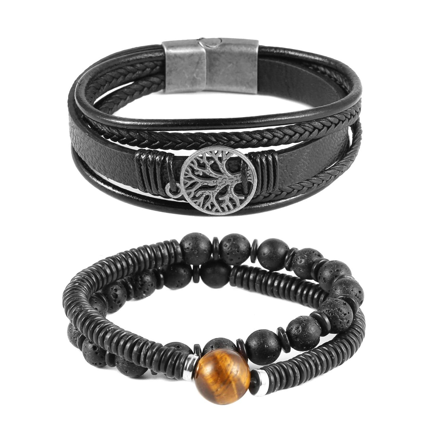 HZMAN Genuine Leather Tree of life Bracelets Men Women, Tiger Eye Natural Stone Lava Rock Beads Ethnic Tribal Elastic Bracelets Wristbands