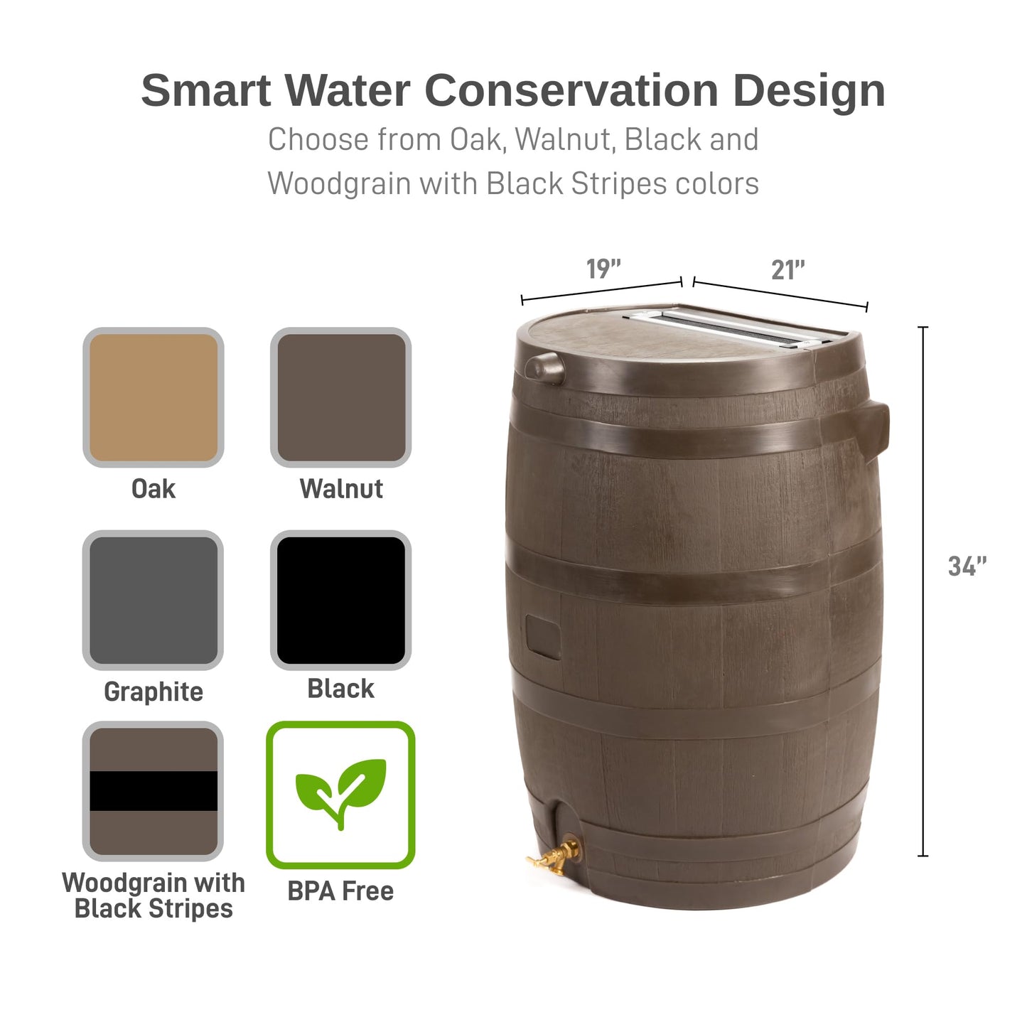 50-Gallon Rain Water Collection Barrel with Brass Spigot, Brown