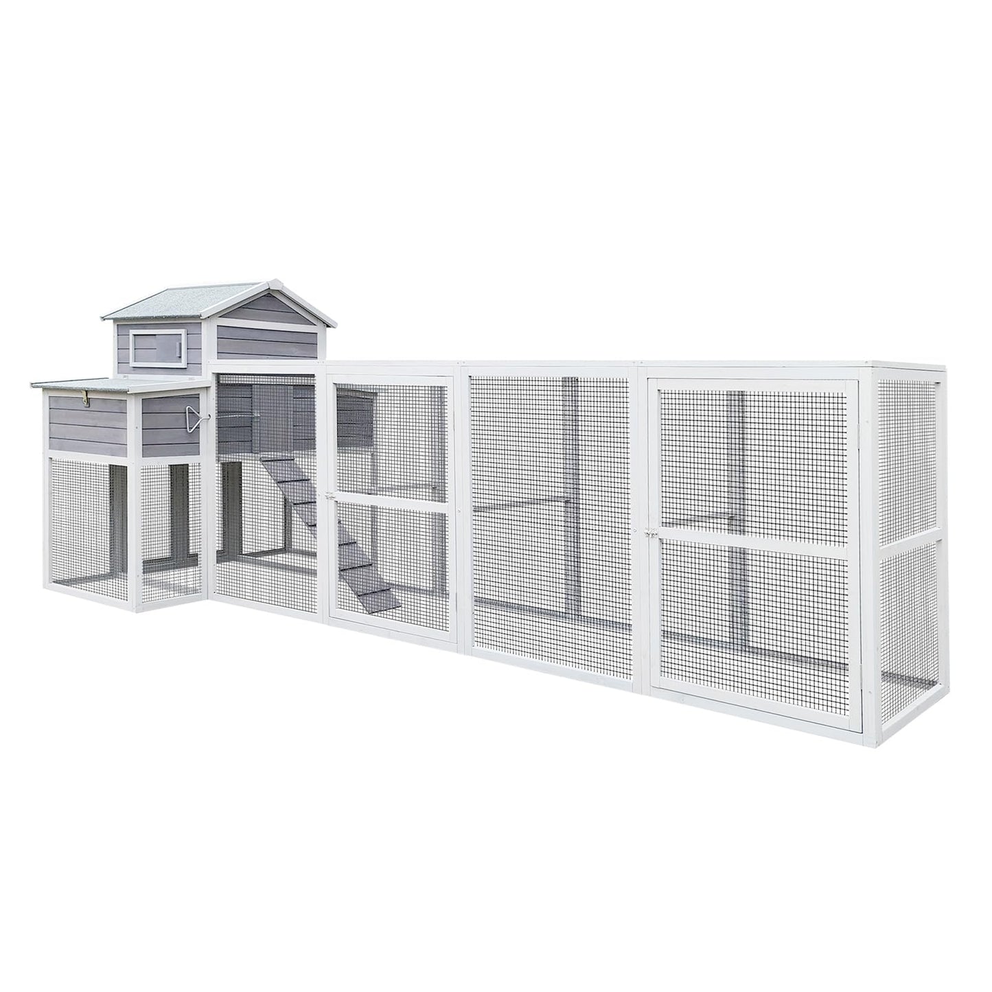 150" Chicken Coop with Two Nesting Boxes and Sliding Door,Outdoor Wooden Extra Large Hen House w/Built-in Slide-Out Tray,Rust-Proof Metal Wire Poultry Cage,5 Perches,Gray