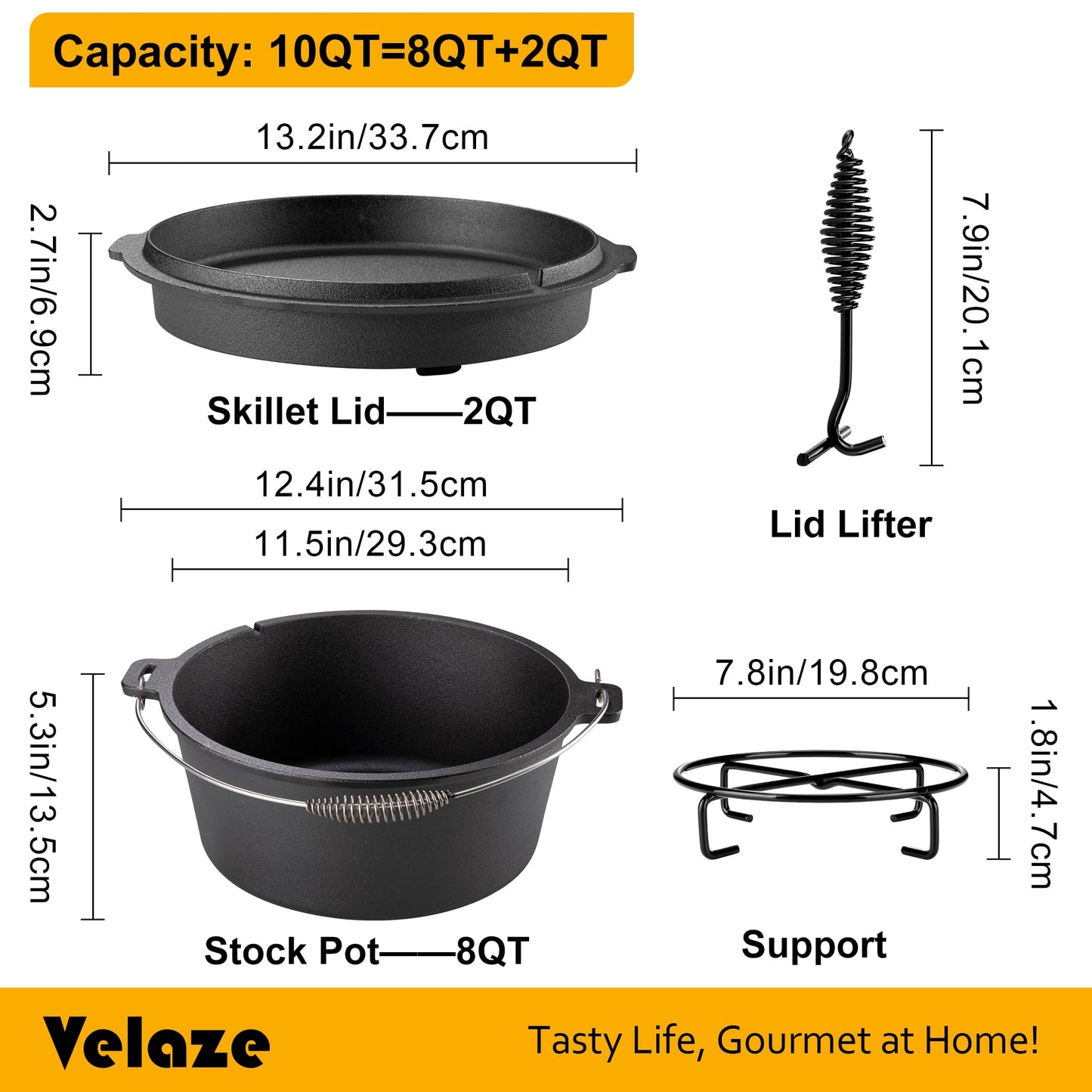 Velaze 10QT Camping Dutch Oven, Pre-Seasoned Cast Iron Camp Dutch Oven Pot with Lid, for Use in the Oven, on the Stove, Grill, or over the Campfire - Metal Handle, Lid Lifter, and Tripod