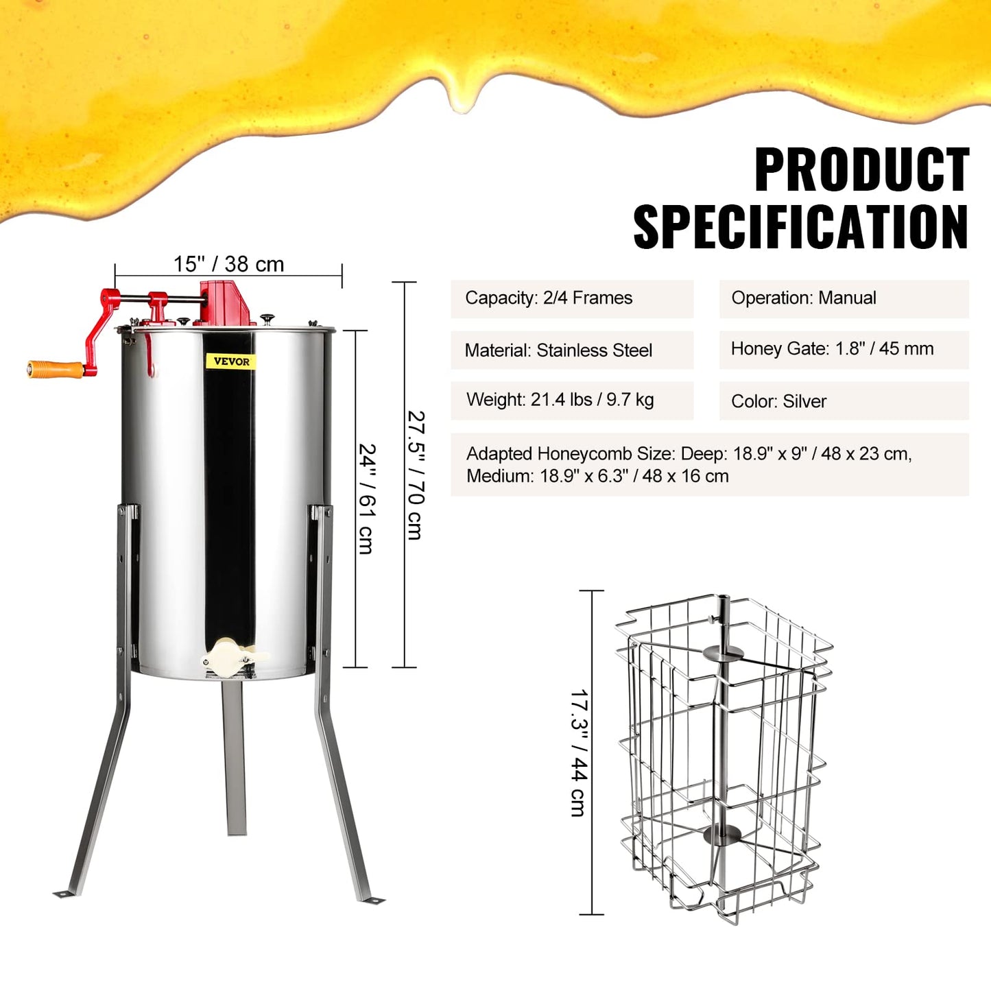 VEVOR 3 Frame Honey Extractor, Stainless Steel Manual Beekeeping Extraction, Honeycomb Drum Spinner with Transparent Lid, Apiary Centrifuge Equipment with Height Adjustable Stand