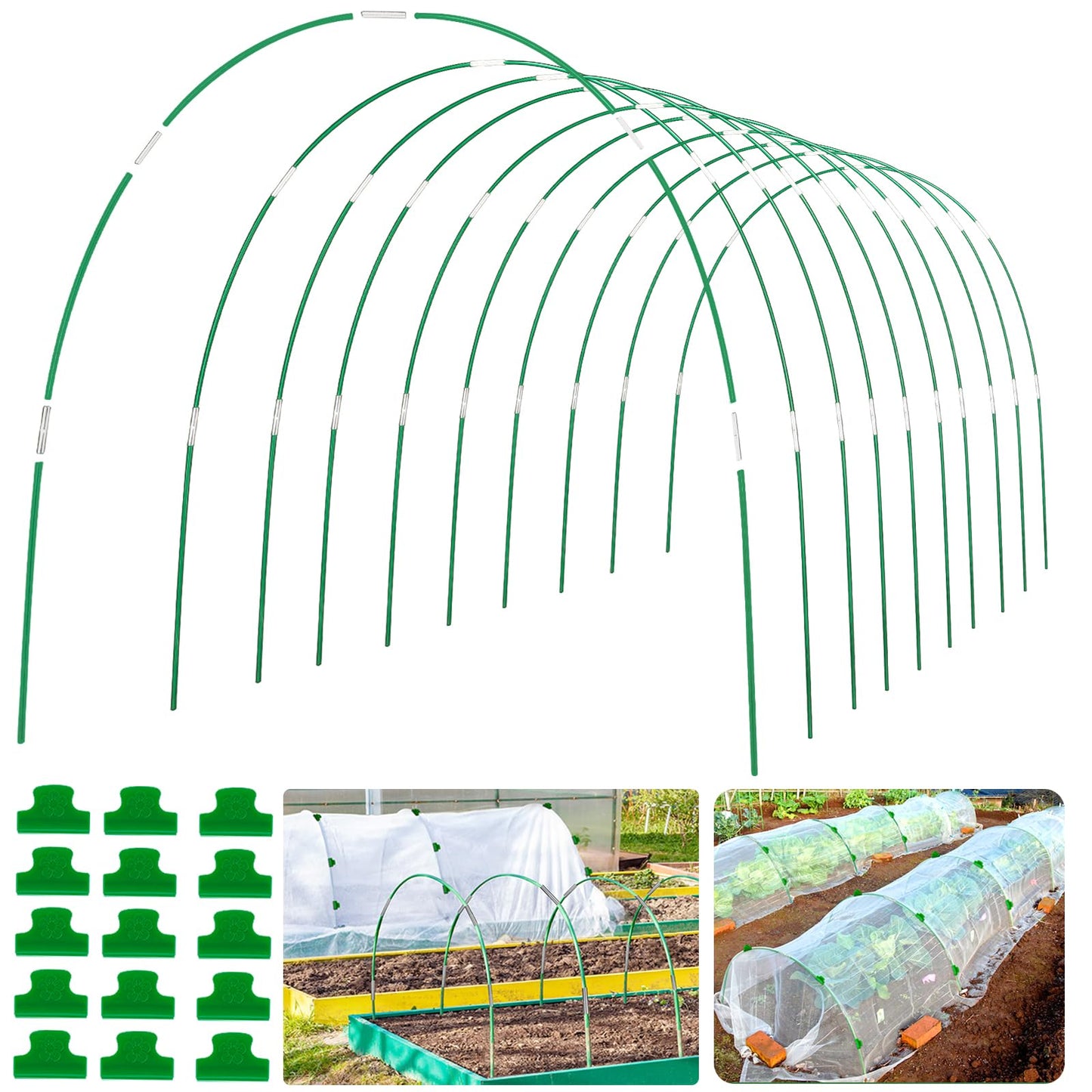 Greenhouse Hoops Grow Tunnel 10 Sets of 8FT Long Rust-Free Fiberglass Support Garden Hoops Kit for Raised Beds Garden Plant Cloth Row Cover Netting ,DIY Plant Support Garden Hoop ,60 Pcs