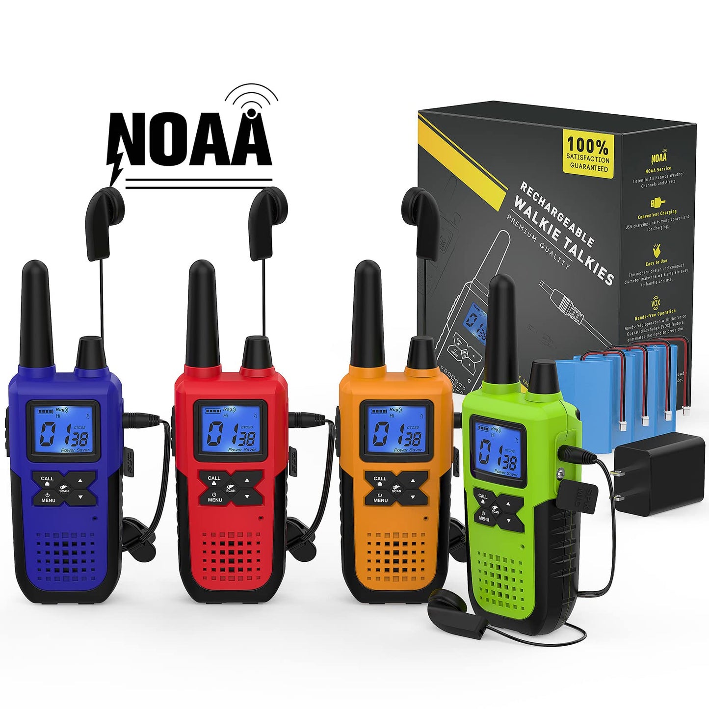 Walkie Talkies Long Range for Adults Rechargeable with Earpiece NOAA Weather Alert, Multi-purpose 2 Way Radio 4 Pack for Team Work Senior Care Kid Adventure Family Camping Hiking Skiing Cruise