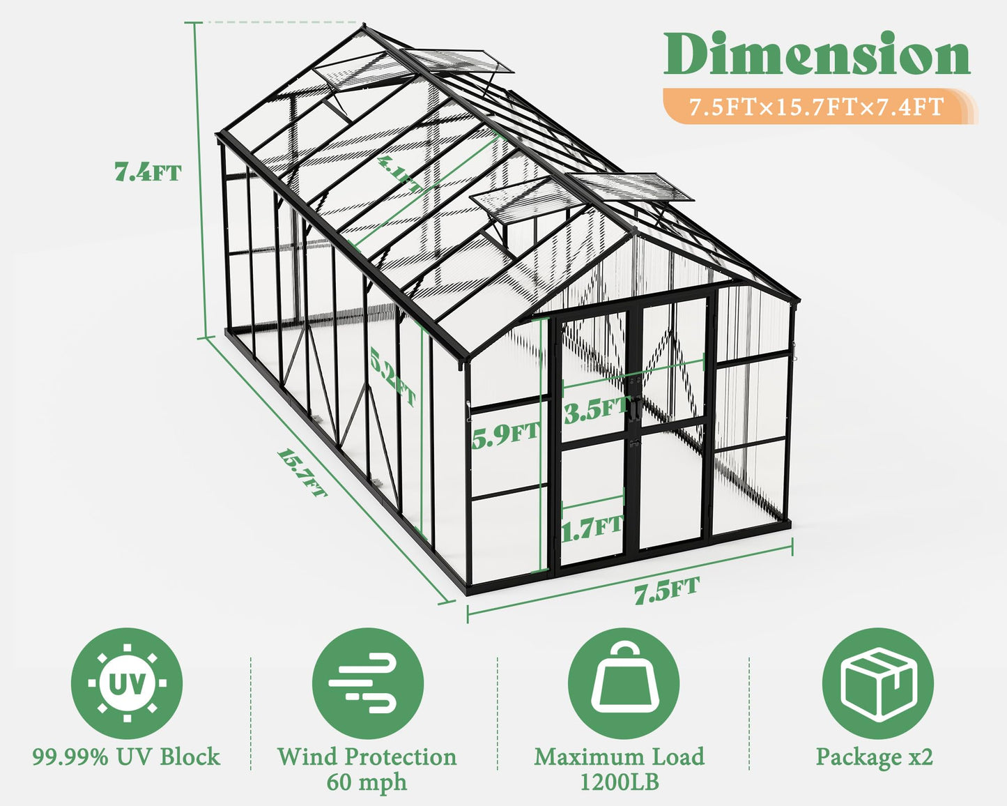 AMERLIFE 8x12x7.5 Polycarbonate Greenhouse with Quick-Connect Fittings, Walk-in Aluminum Greenhouse with 2 Swing Doors, Greenhouses for Outdoors for Garden Backyard, Black