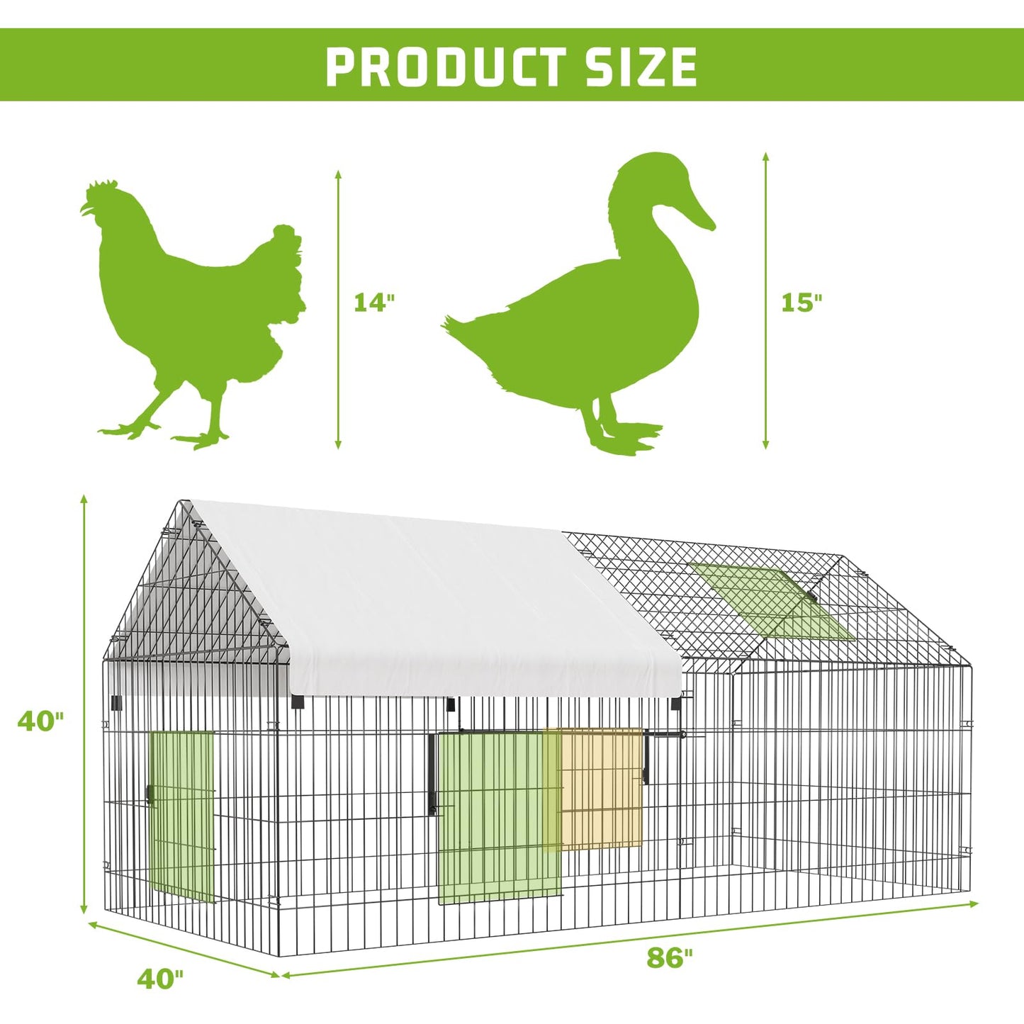 Metal Chicken Coop 86"×40"×40" Chicken Run with Waterproof Cover Portable Poultry Cage Walk in Hen House Outdoor Backyard Farm Animal Enclosure Crate Pet Playpen Exercise Pen for Rabbit Duck