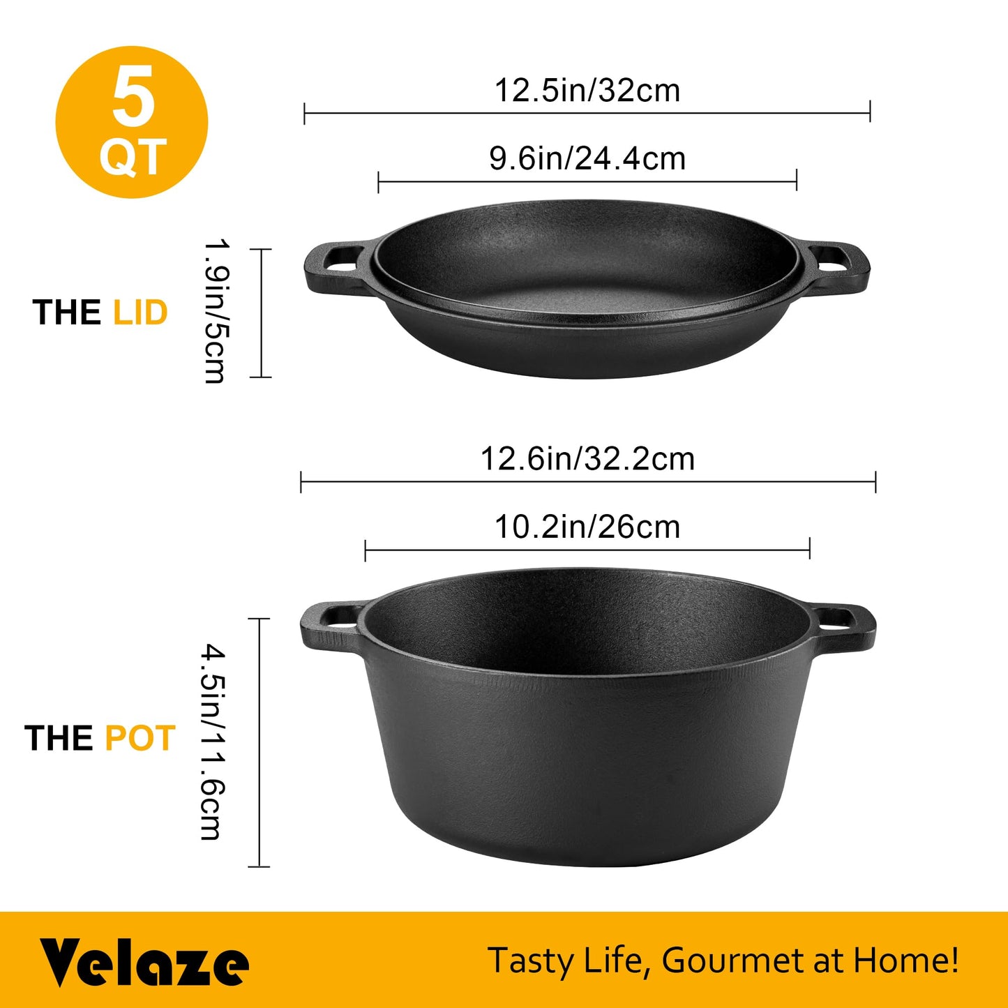 Velaze 10QT Camping Dutch Oven, Pre-Seasoned Cast Iron Camp Dutch Oven Pot with Lid, for Use in the Oven, on the Stove, Grill, or over the Campfire - Metal Handle, Lid Lifter, and Tripod