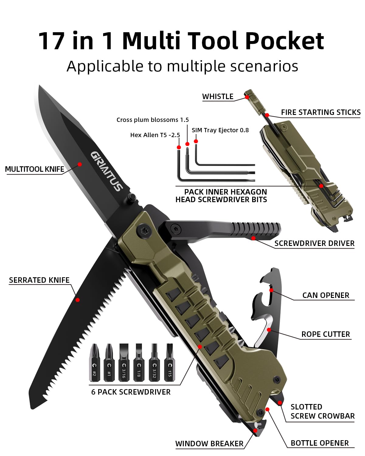 Multitool Knife 17 in 1Fire Starting Sticks, Bottle Opener, Saw Screwdrivers Bottle Opener, Whistle, Window Breaker and More -Perfect for Camping, Outdoor, Survival and Everyday Use,Gifts for Men Dad