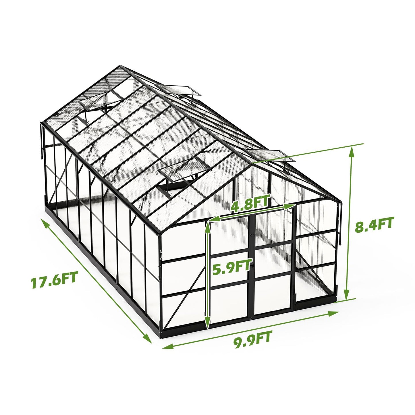 AMERLIFE 10x18x8.4 FT Polycarbonate Greenhouse with 4 Roof Vents & Rain Gutter, Heavy Duty Aluminum Greenhouse for Outdoor Garden Backyard, Black