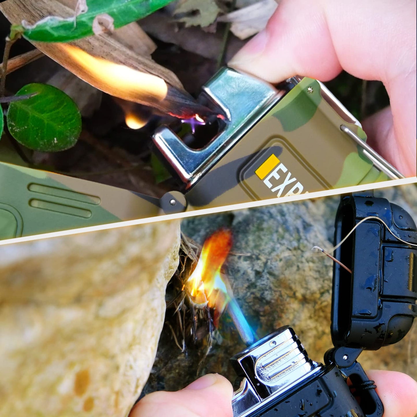 2 Pack Waterproof Lighter for Outdoor, Windproof Torch Lighter, Dual Arc Butane Electric Lighter, USB Rechargeable, Flameless Plasma Lighter for Camping Hiking Adventure Survival Tactical Gear