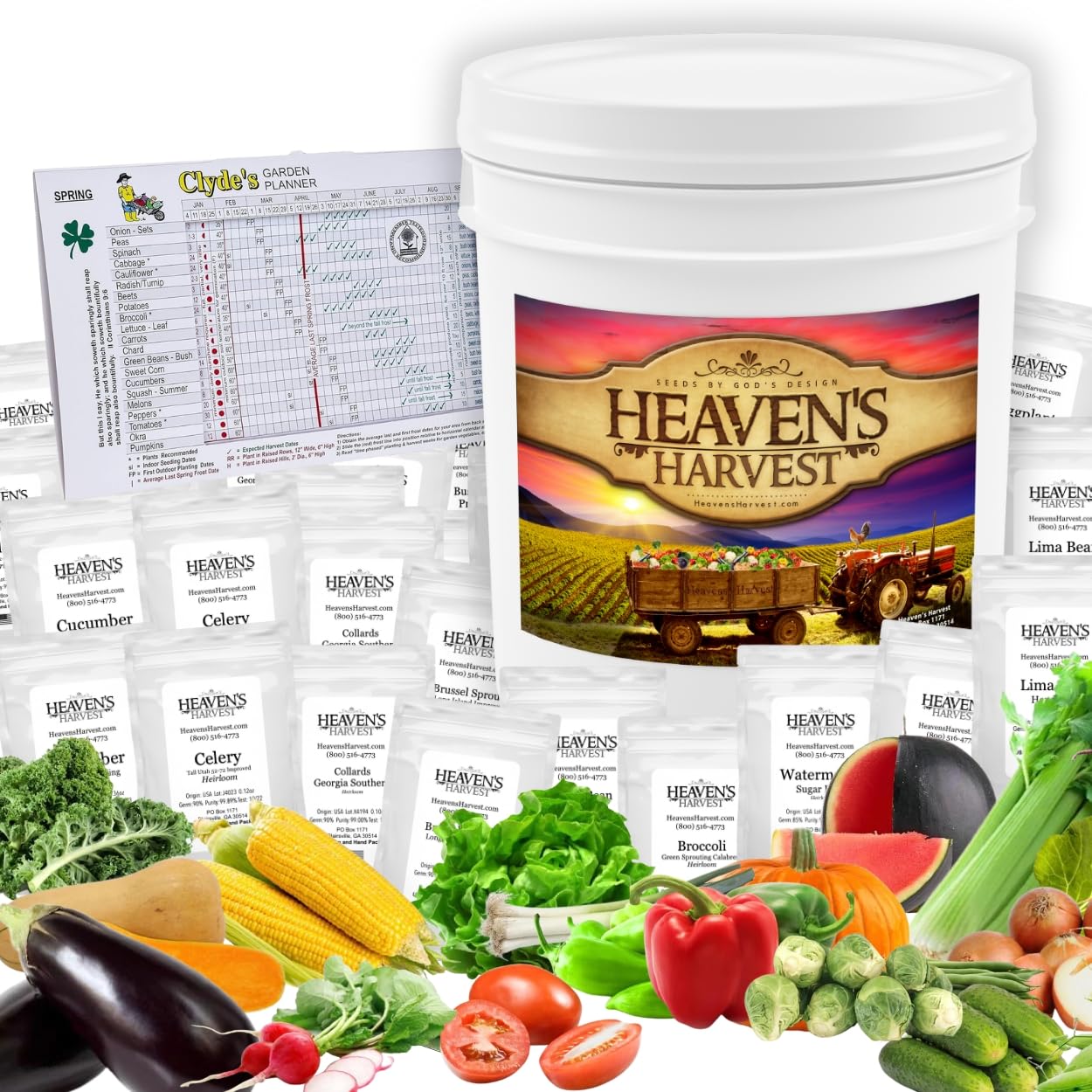 Heaven’s Harvest “10 Year Garden” Survival Seed Bank Kit | Over 25k Non-GMO Heirloom Vegetable Survival Seeds + 2 Free Bonus Items: Clyde’s Garden Planner + Seed Vault Storage Drum for 10 Year Storage