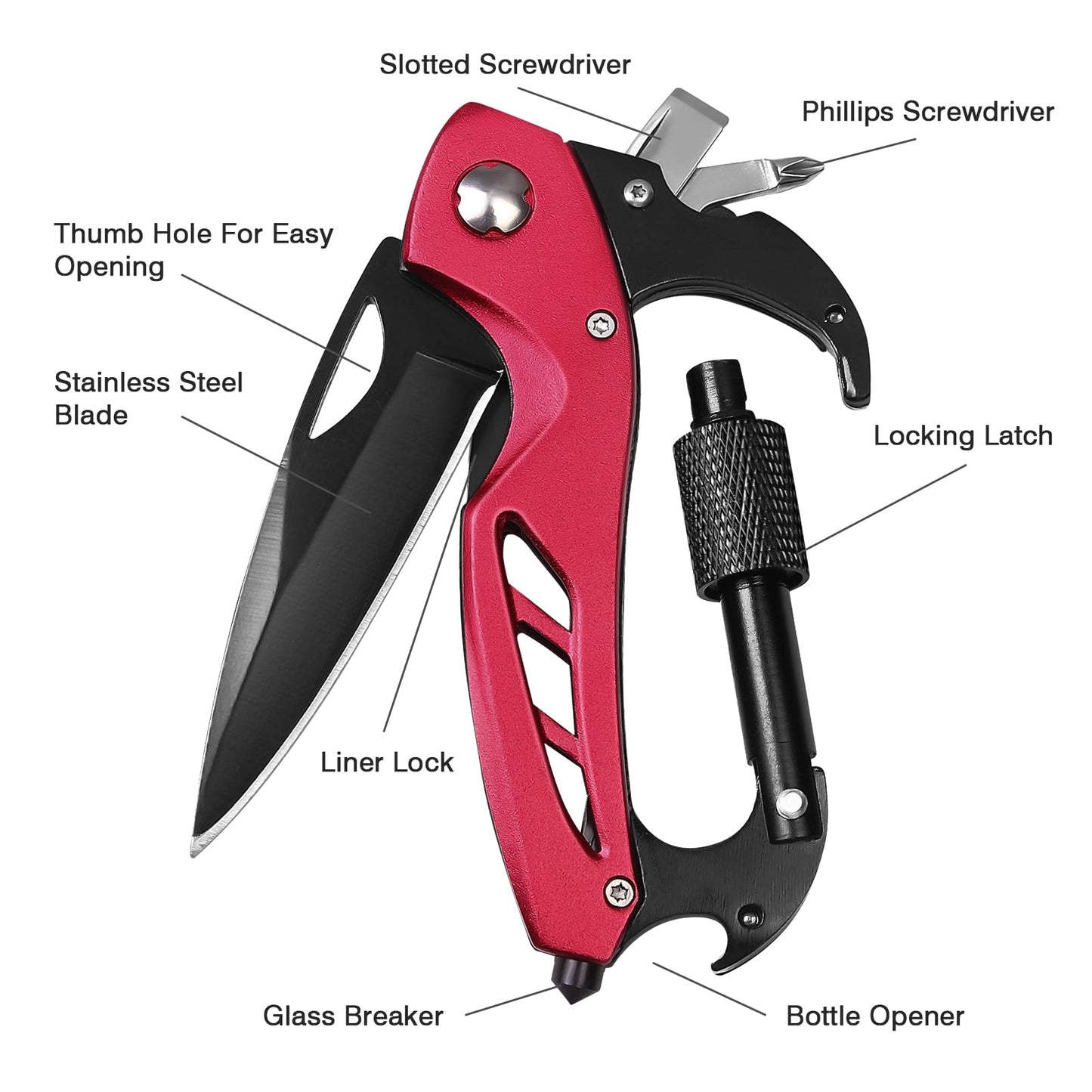 Multitool Carabiner with Pocket Knife, Stocking Stuffers Gifts for Men, EDC Carabiners with Folding Knives, Bottle Opener, Window Breaker and Screwdriver, Survival Gear for Camping Hiking