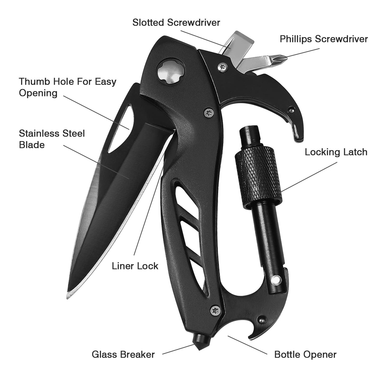 Multitool Carabiner with Pocket Knife, Stocking Stuffers Gifts for Men, EDC Carabiners with Folding Knives, Bottle Opener, Window Breaker and Screwdriver, Survival Gear for Camping Hiking