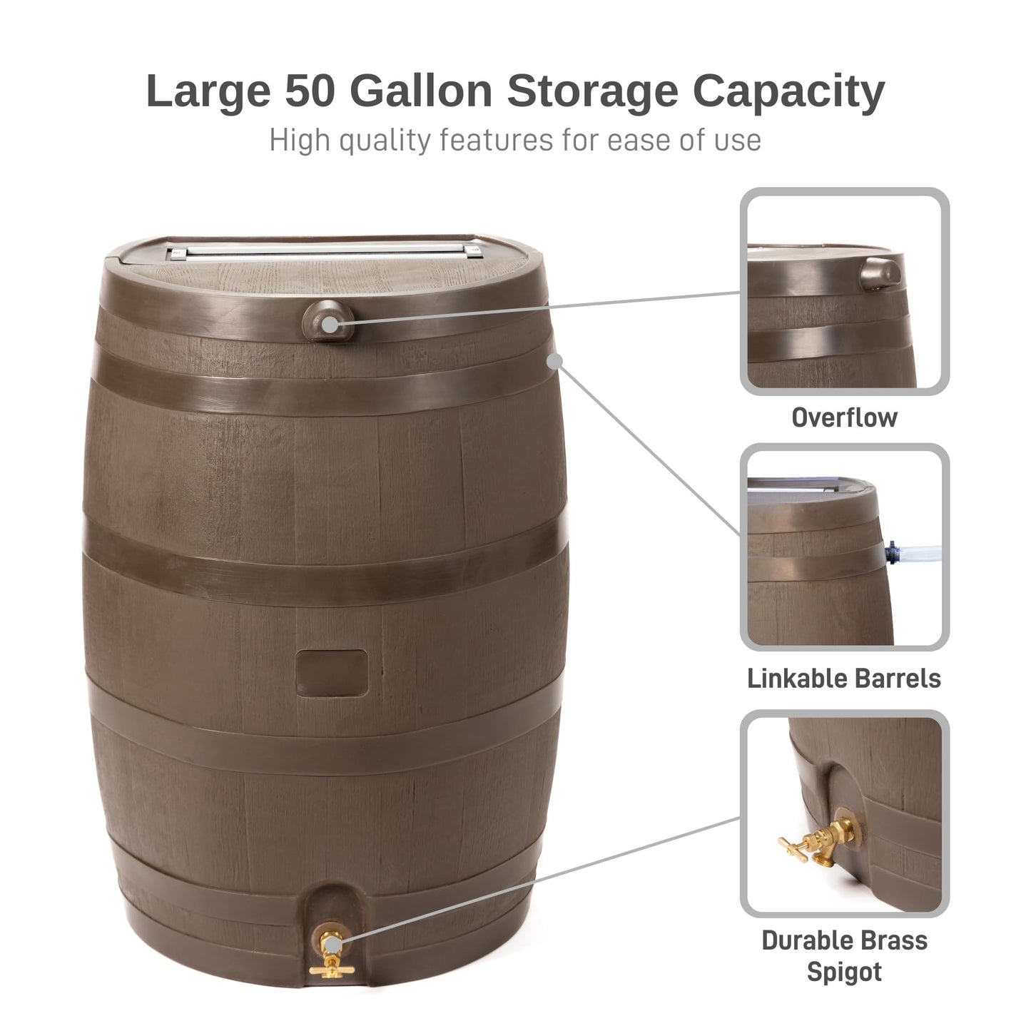 50-Gallon Rain Water Collection Barrel with Brass Spigot, Brown