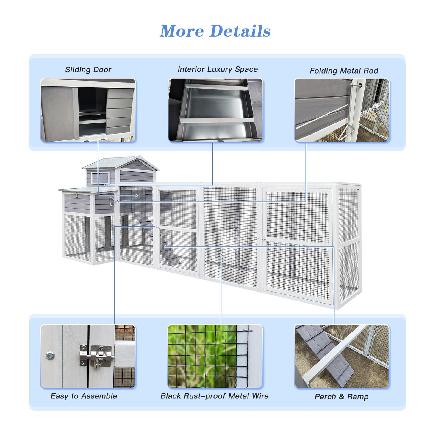 150" Chicken Coop with Two Nesting Boxes and Sliding Door,Outdoor Wooden Extra Large Hen House w/Built-in Slide-Out Tray,Rust-Proof Metal Wire Poultry Cage,5 Perches,Gray