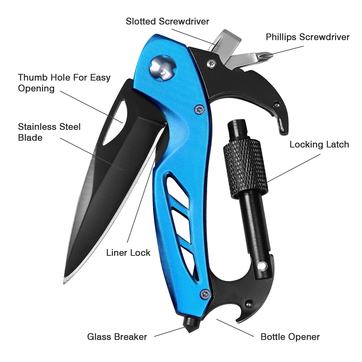 Multitool Carabiner with Pocket Knife, Stocking Stuffers Gifts for Men, EDC Carabiners with Folding Knives, Bottle Opener, Window Breaker and Screwdriver, Survival Gear for Camping Hiking