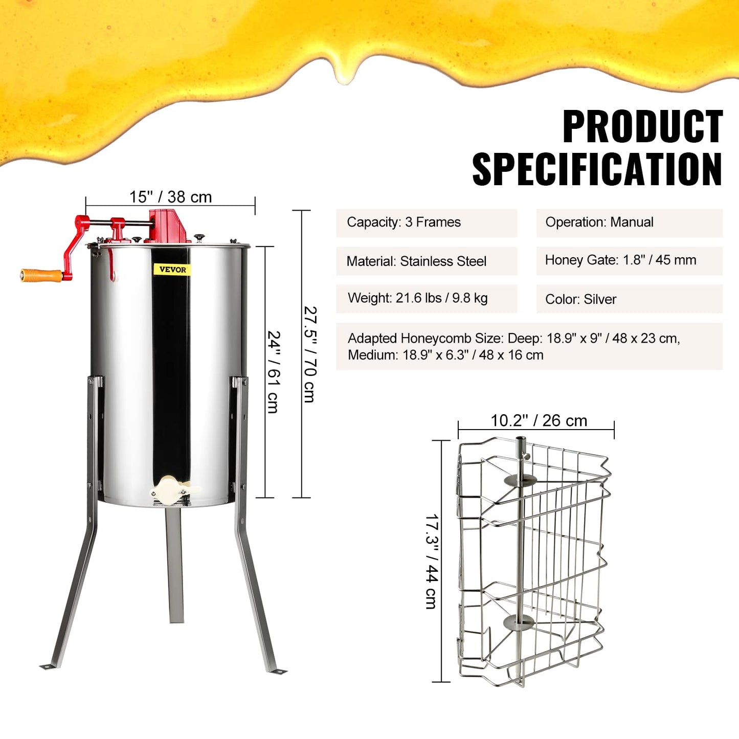 VEVOR 3 Frame Honey Extractor, Stainless Steel Manual Beekeeping Extraction, Honeycomb Drum Spinner with Transparent Lid, Apiary Centrifuge Equipment with Height Adjustable Stand