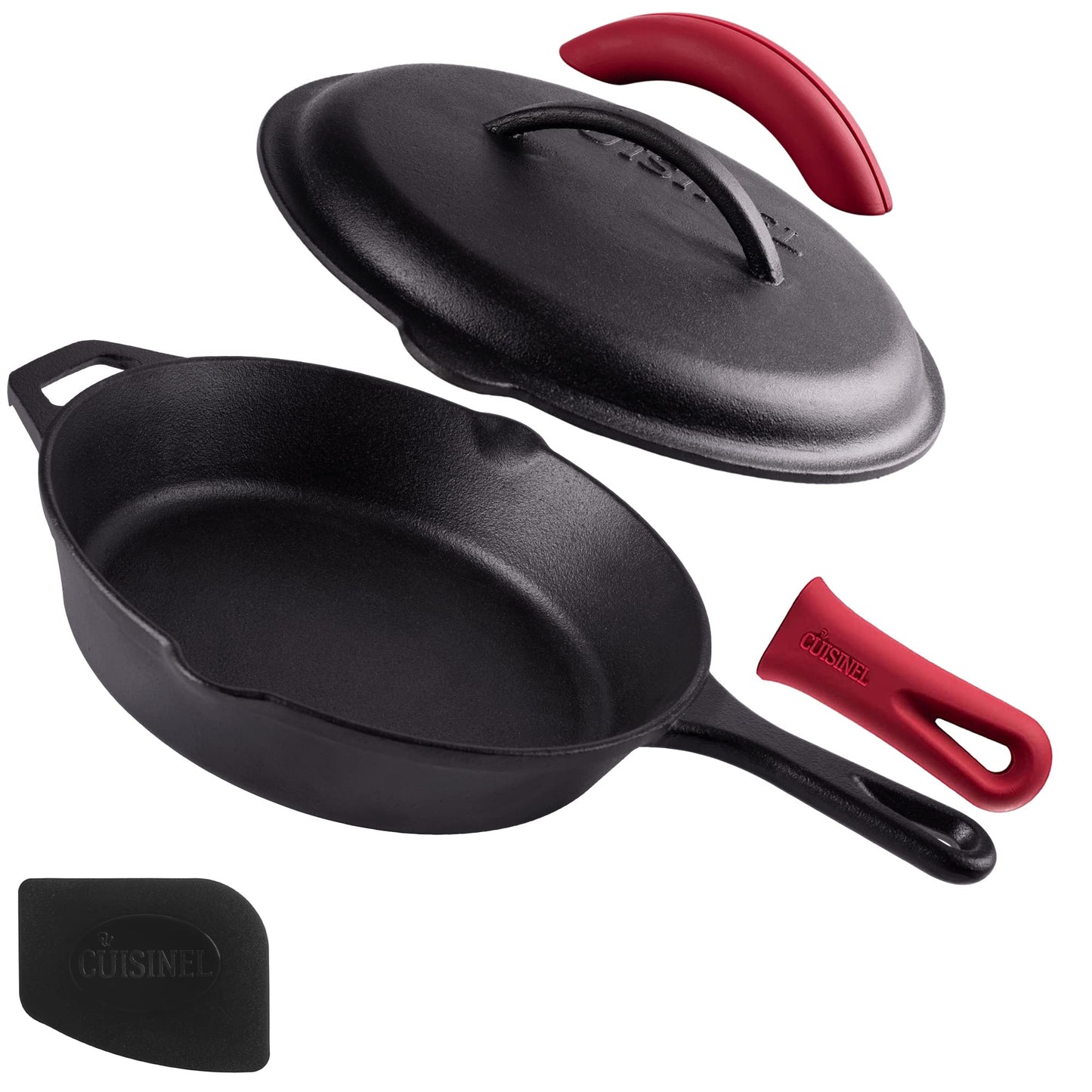 Cuisinel Cast Iron Skillet with Lid - 12"-inch Pre-Seasoned Covered Frying Pan Set + Silicone Handle & Lid Holders + Scraper/Cleaner - Indoor/Outdoor, Oven, Stovetop, Camping Fire, Grill Safe Cookware