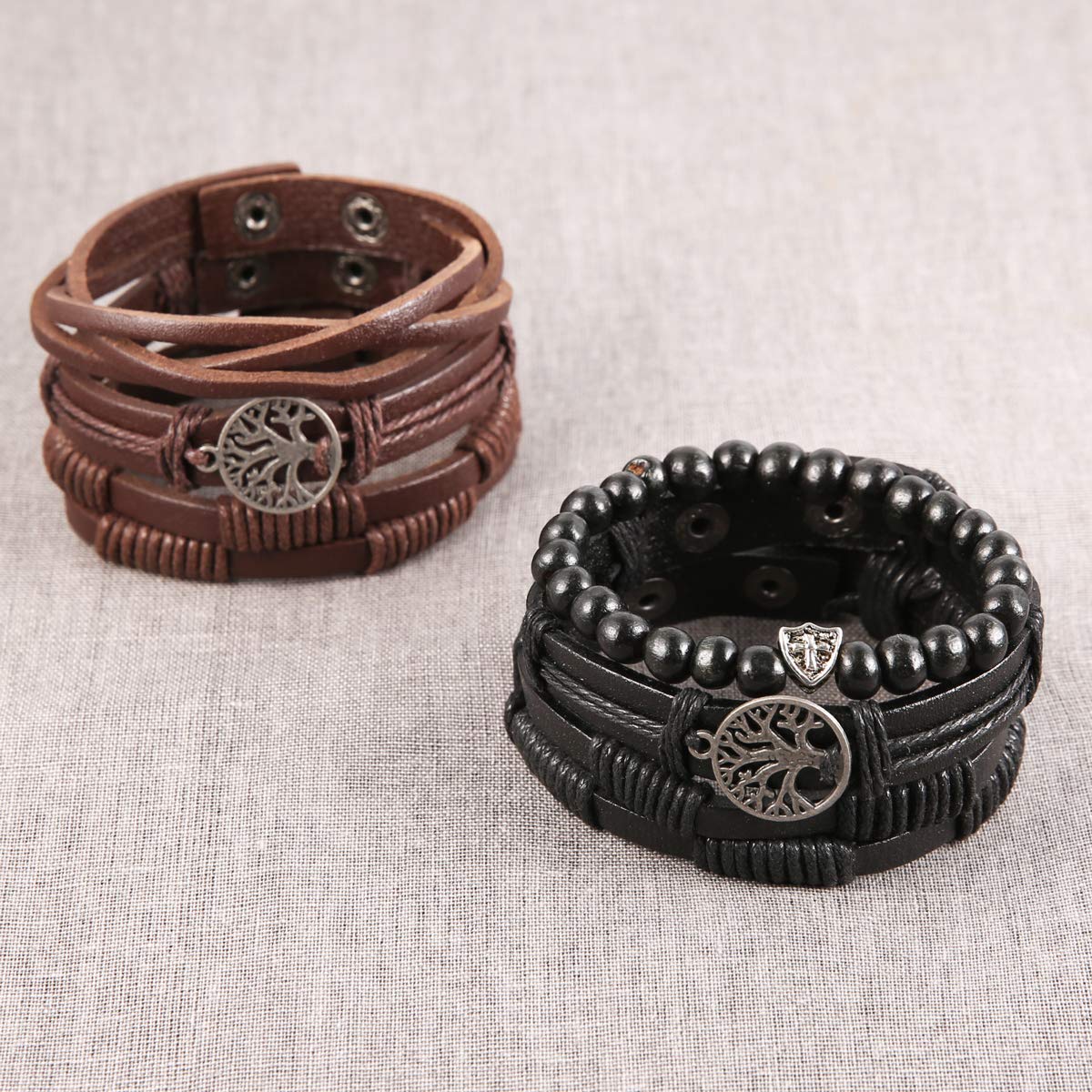 HZMAN Genuine Leather Tree of life Bracelets Men Women, Tiger Eye Natural Stone Lava Rock Beads Ethnic Tribal Elastic Bracelets Wristbands