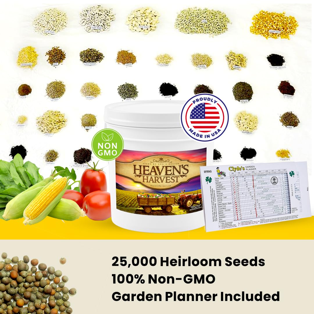 Heaven’s Harvest “10 Year Garden” Survival Seed Bank Kit | Over 25k Non-GMO Heirloom Vegetable Survival Seeds + 2 Free Bonus Items: Clyde’s Garden Planner + Seed Vault Storage Drum for 10 Year Storage