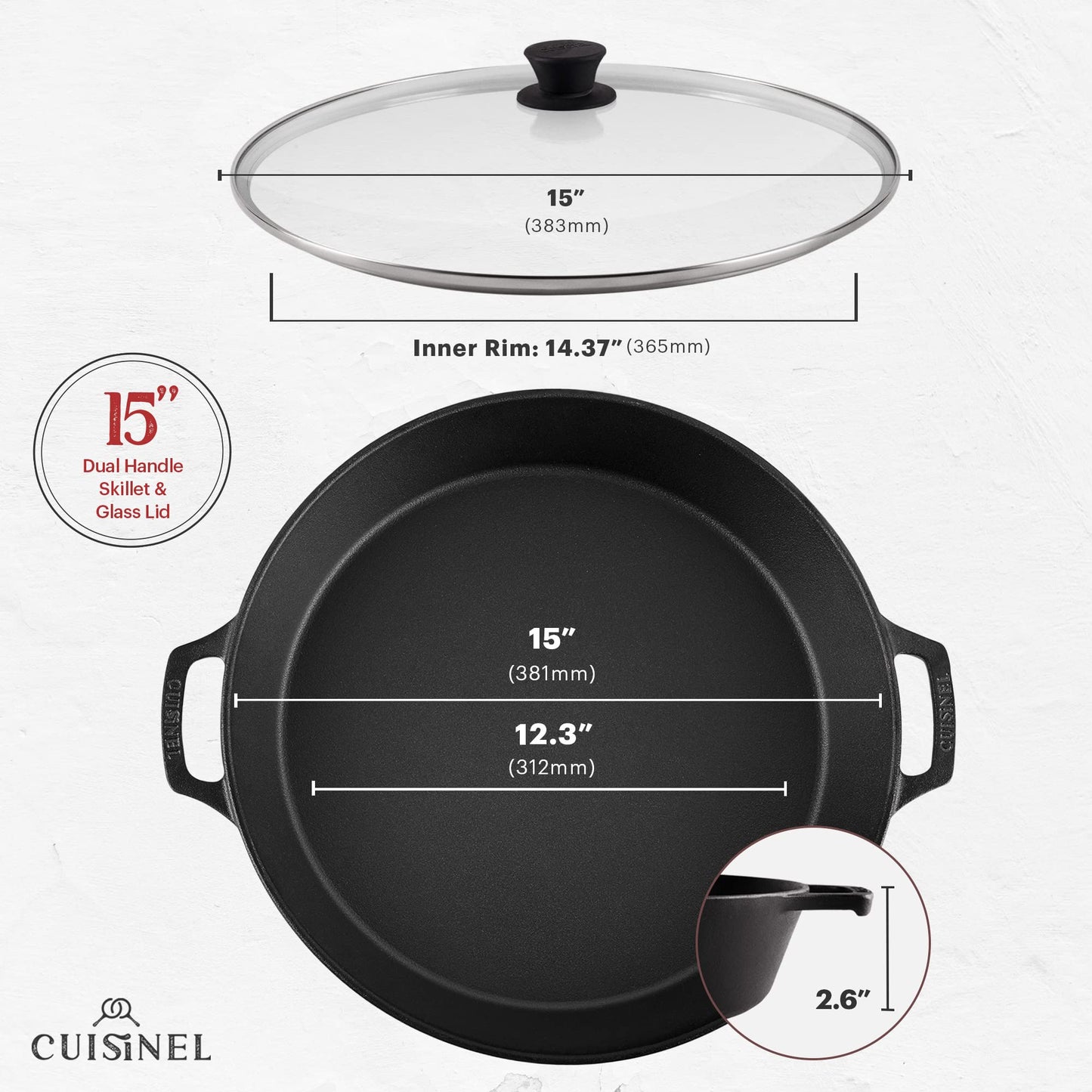 Cuisinel Cast Iron Skillet with Lid - 12"-inch Pre-Seasoned Covered Frying Pan Set + Silicone Handle & Lid Holders + Scraper/Cleaner - Indoor/Outdoor, Oven, Stovetop, Camping Fire, Grill Safe Cookware