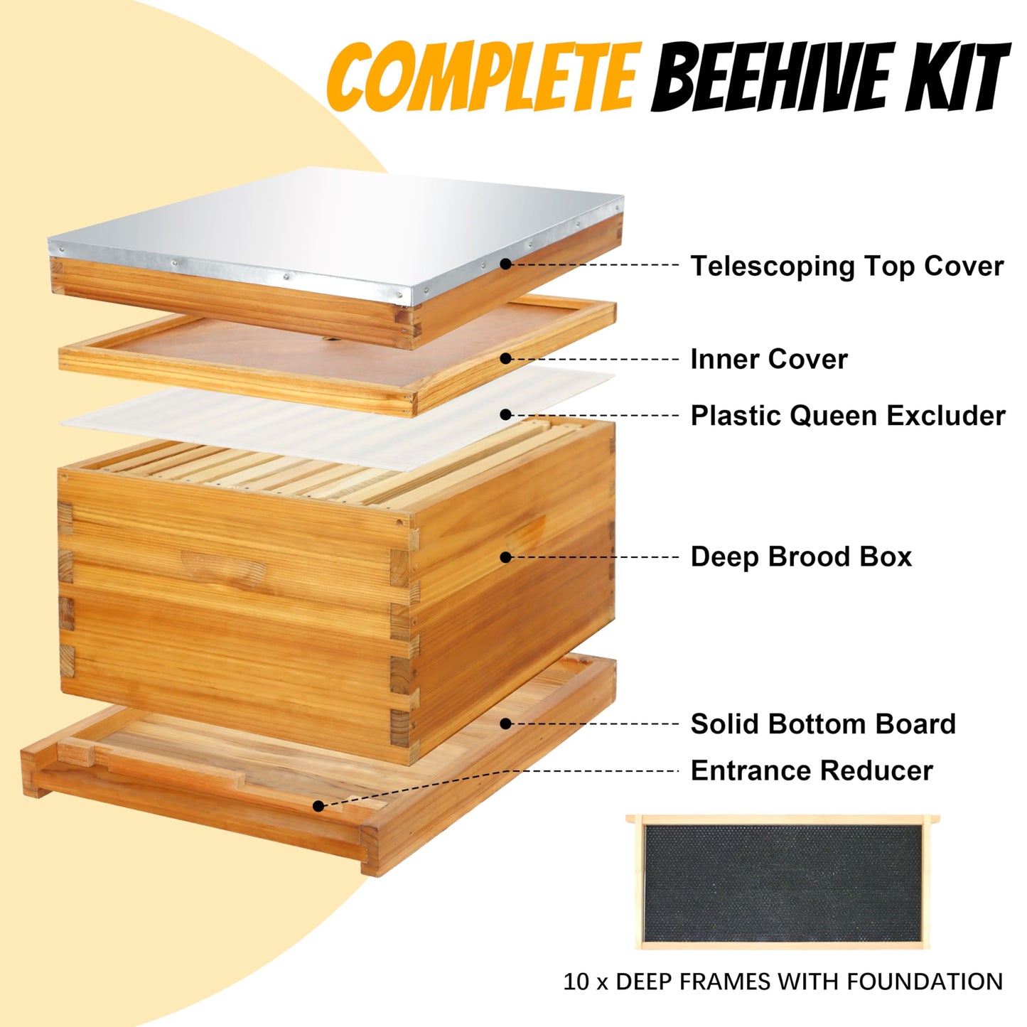 Honey Lake 10 Frame Bee Hive Starter Kit and Beekeeping Supplies, Beeswax Coated Bee Hives Boxes Starter Kit with Beehive Tool Kit Includes Bee Smoker Beekeeper Hat