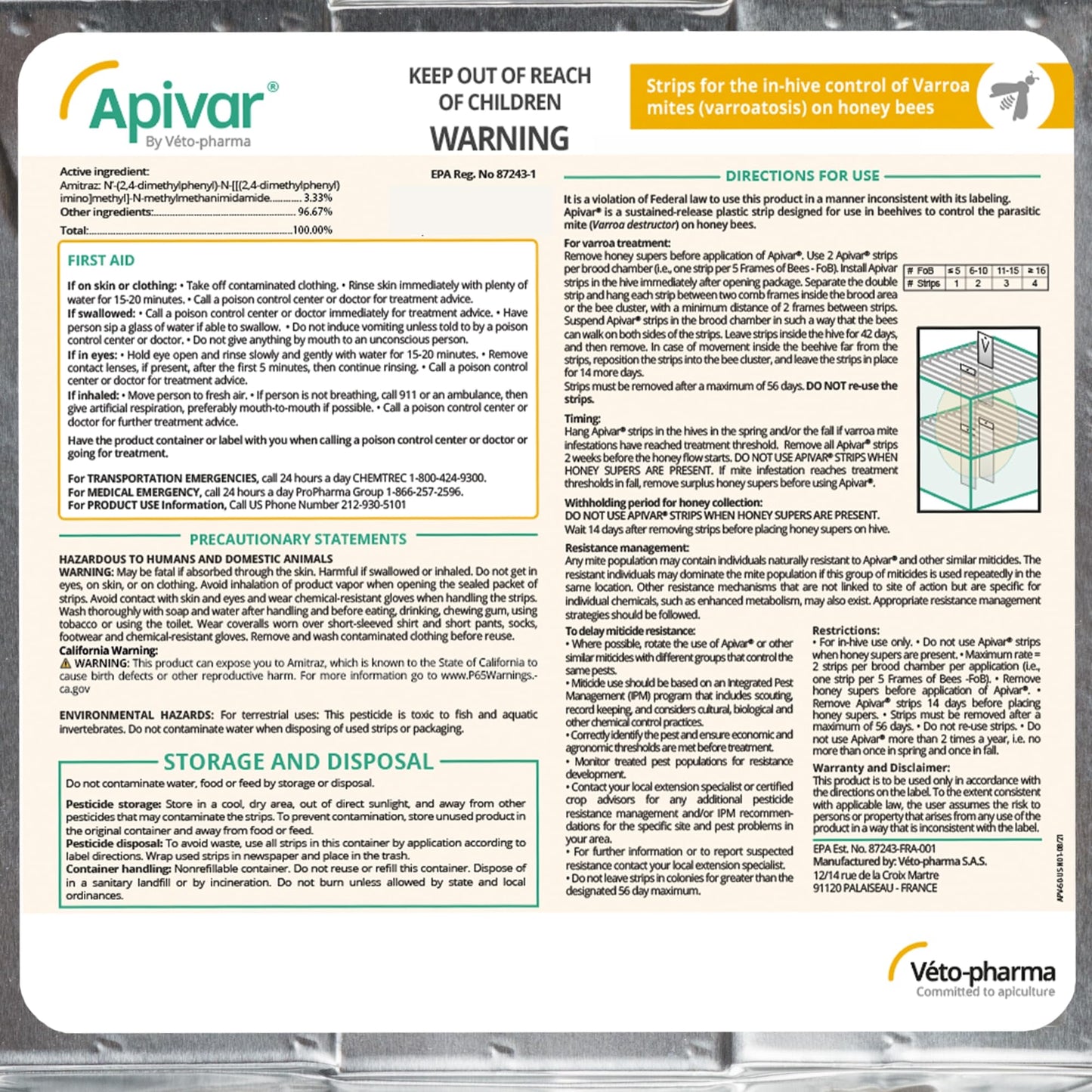 Apivar Strips Varroa Mite Treatment for Honey Bees with Easy Rip Strips - 97-99% Effective Againts Mites(4 Pack)