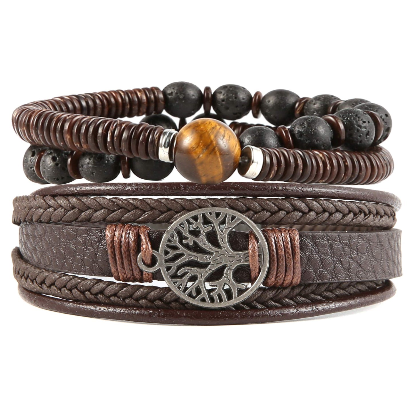 HZMAN Genuine Leather Tree of life Bracelets Men Women, Tiger Eye Natural Stone Lava Rock Beads Ethnic Tribal Elastic Bracelets Wristbands