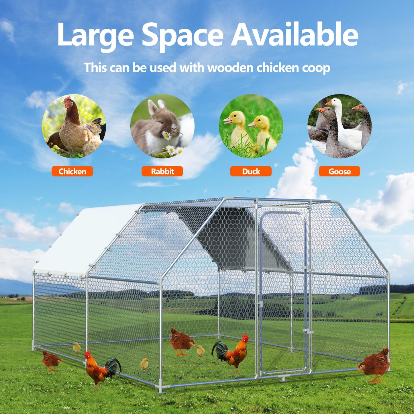 Large Metal Chicken Coop Walk-in Poultry Cage Chicken Run Pen Dog Kennel Duck House with Waterproof and Anti-Ultraviolet Cover for Outdoor Farm Use(9.8' L x 13.1' W x 6.4' H)