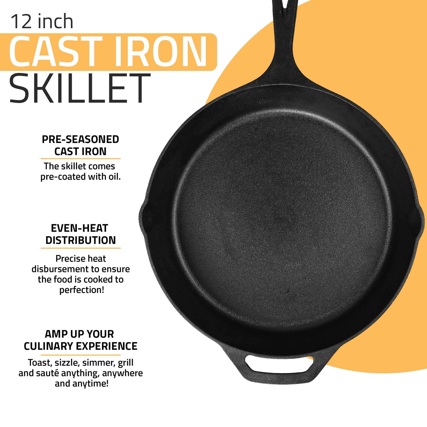 Utopia Kitchen Saute Fry Pan - Chefs Pan, Pre-Seasoned Cast Iron Skillet - Frying Pan 12 Inch - Safe Grill Cookware for Indoor & Outdoor Use - Cast Iron Pan (Black)