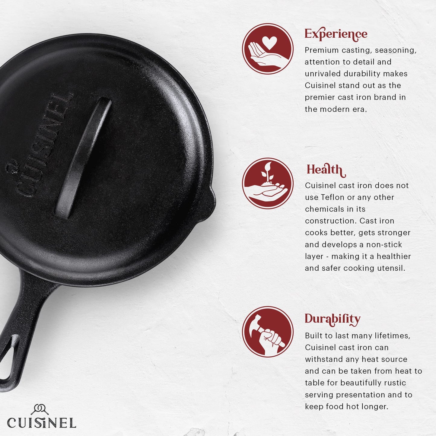 Cuisinel Cast Iron Skillet with Lid - 12"-inch Pre-Seasoned Covered Frying Pan Set + Silicone Handle & Lid Holders + Scraper/Cleaner - Indoor/Outdoor, Oven, Stovetop, Camping Fire, Grill Safe Cookware