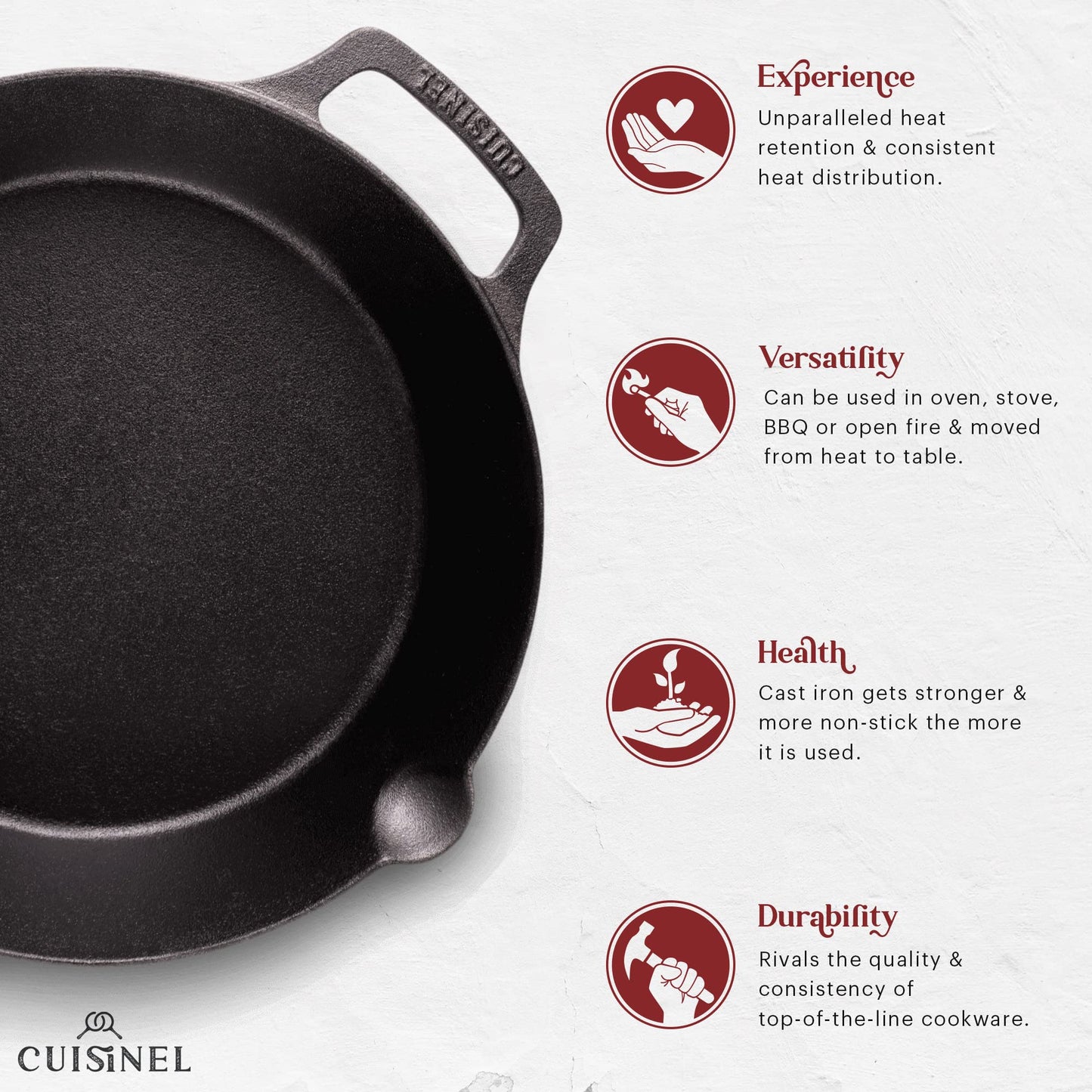 Cuisinel Cast Iron Skillet with Lid - 12"-inch Pre-Seasoned Covered Frying Pan Set + Silicone Handle & Lid Holders + Scraper/Cleaner - Indoor/Outdoor, Oven, Stovetop, Camping Fire, Grill Safe Cookware