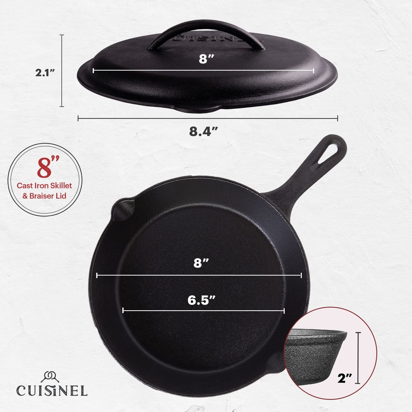 Cuisinel Cast Iron Skillet with Lid - 12"-inch Pre-Seasoned Covered Frying Pan Set + Silicone Handle & Lid Holders + Scraper/Cleaner - Indoor/Outdoor, Oven, Stovetop, Camping Fire, Grill Safe Cookware