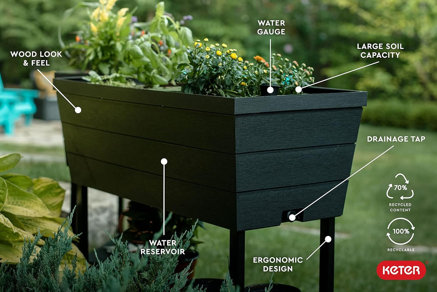 Keter Urban Bloomer 12.7 Gallon Raised Garden Bed and Outdoor Herb Garden Planter with Self Watering Gauge and Drainage Plug, Dark Grey