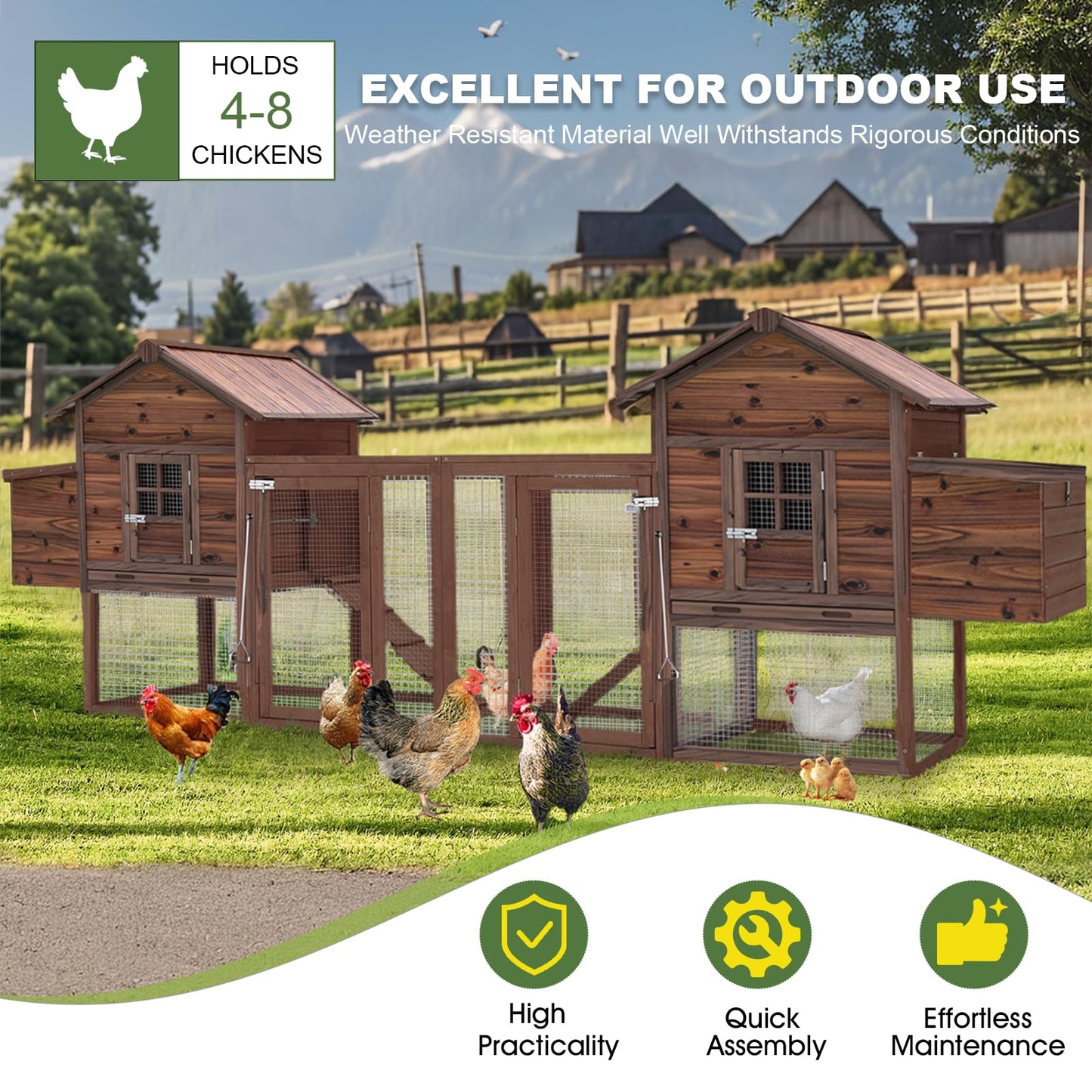 Wooden Chicken Coop Large Walk-in Outdoor Hen House with Nesting Box and Run,Poultry Cage Rabbit Hutch Waterproof UV Panel Cover for 2-4 Chickens 80''H Deep Brown #821 (80.75" L x 22" W x 44.5" H)