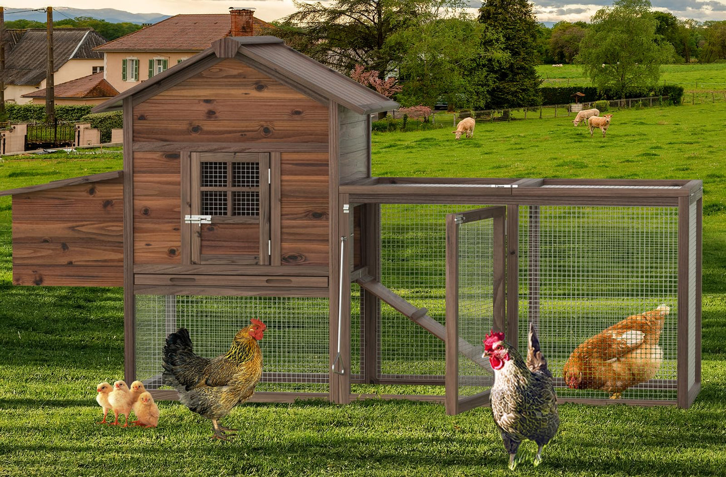 Wooden Chicken Coop Large Walk-in Outdoor Hen House with Nesting Box and Run,Poultry Cage Rabbit Hutch Waterproof UV Panel Cover for 2-4 Chickens 80''H Deep Brown #821 (80.75" L x 22" W x 44.5" H)