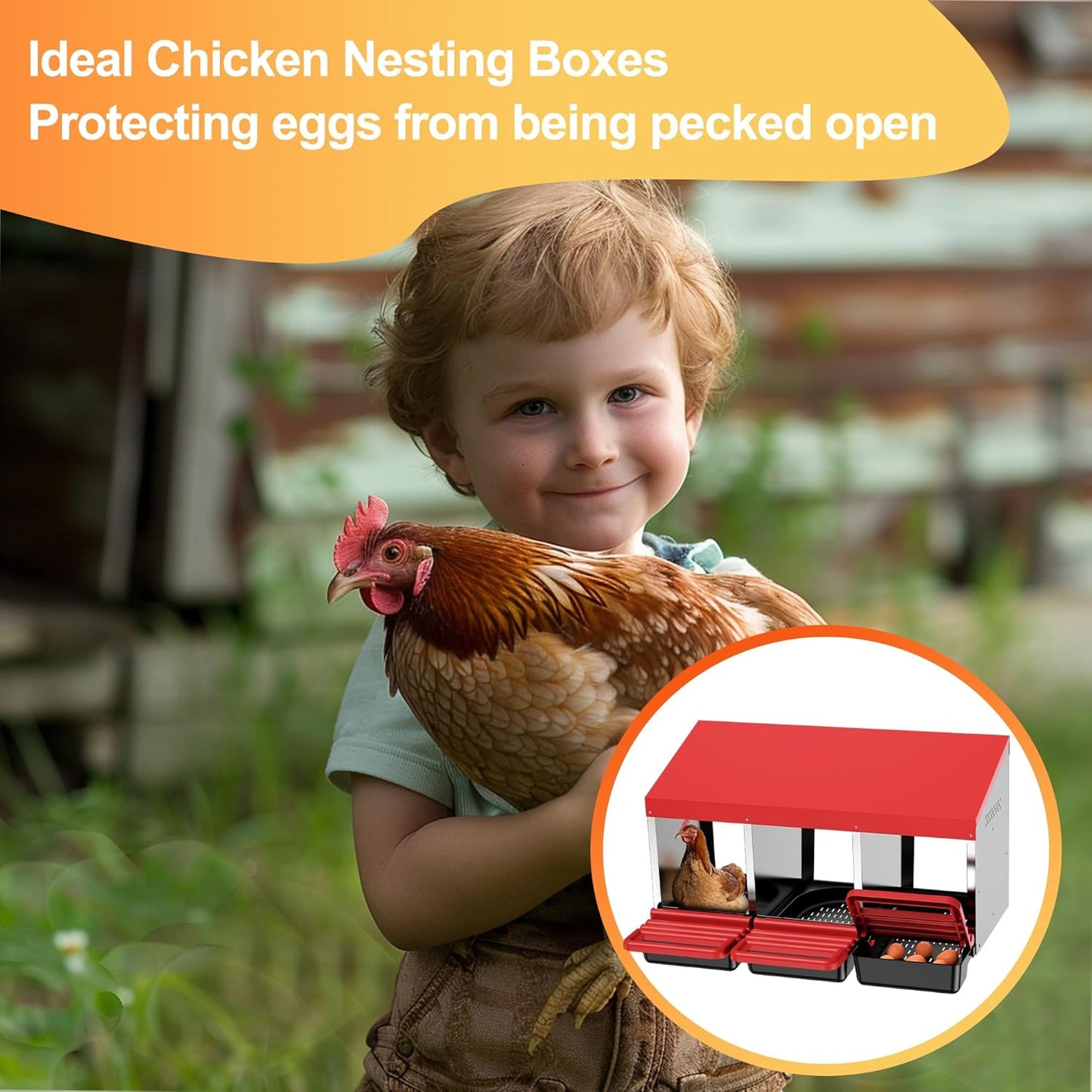 Chicken Nesting Boxes, 3 Hole Metal Chicken Egg Laying Box with Swing Perch and Rollout Egg Collection for Chicken Coop