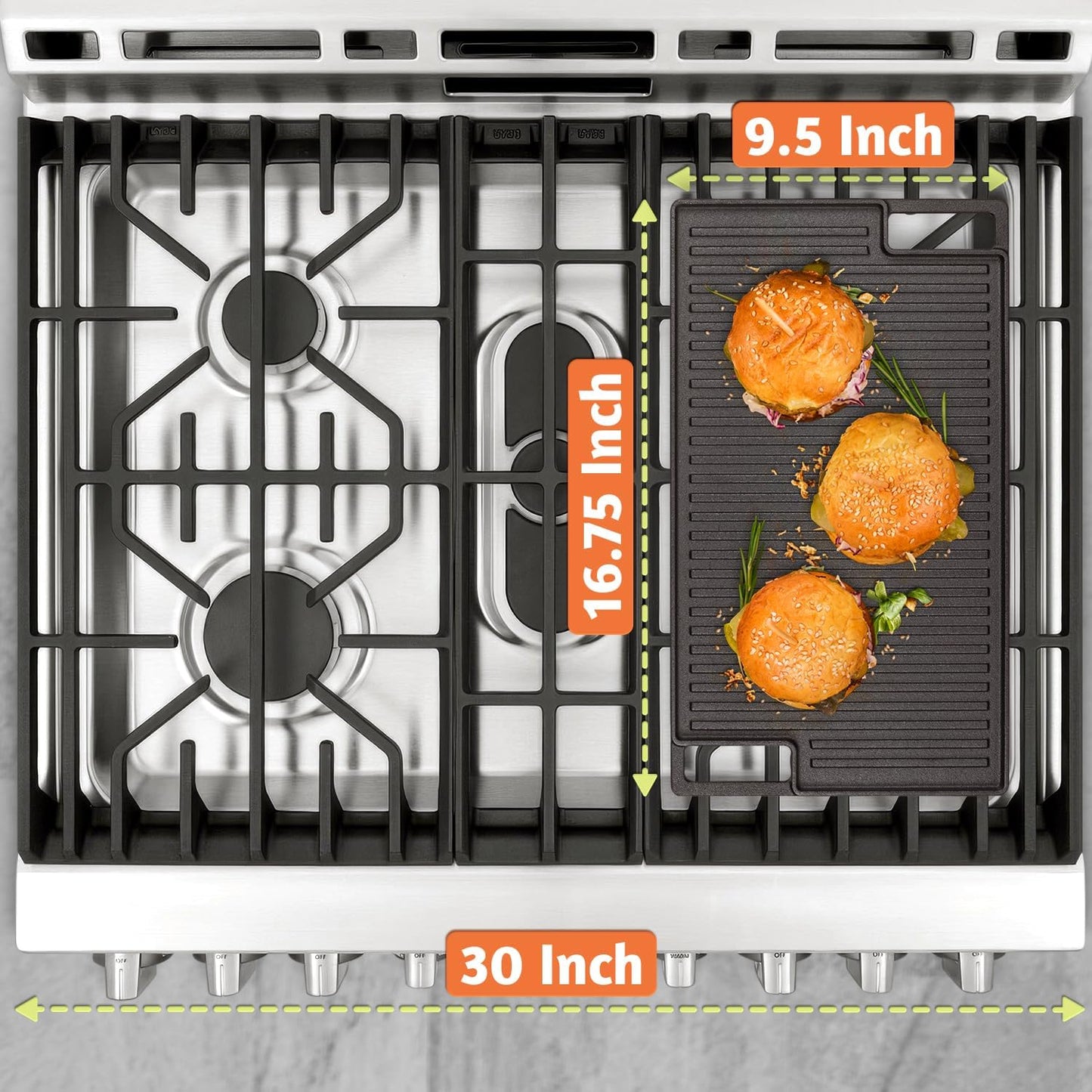 Cast Iron Griddle, Reversible Grill/Griddle + Cast Iron Press + Pan Scraper + Pinch Mitts, Grill Pan For Stove Top, Gas Grill, Indoor & Outdoor Cooking - Pre Seasoned & Non-stick (9.5" x 16.75")