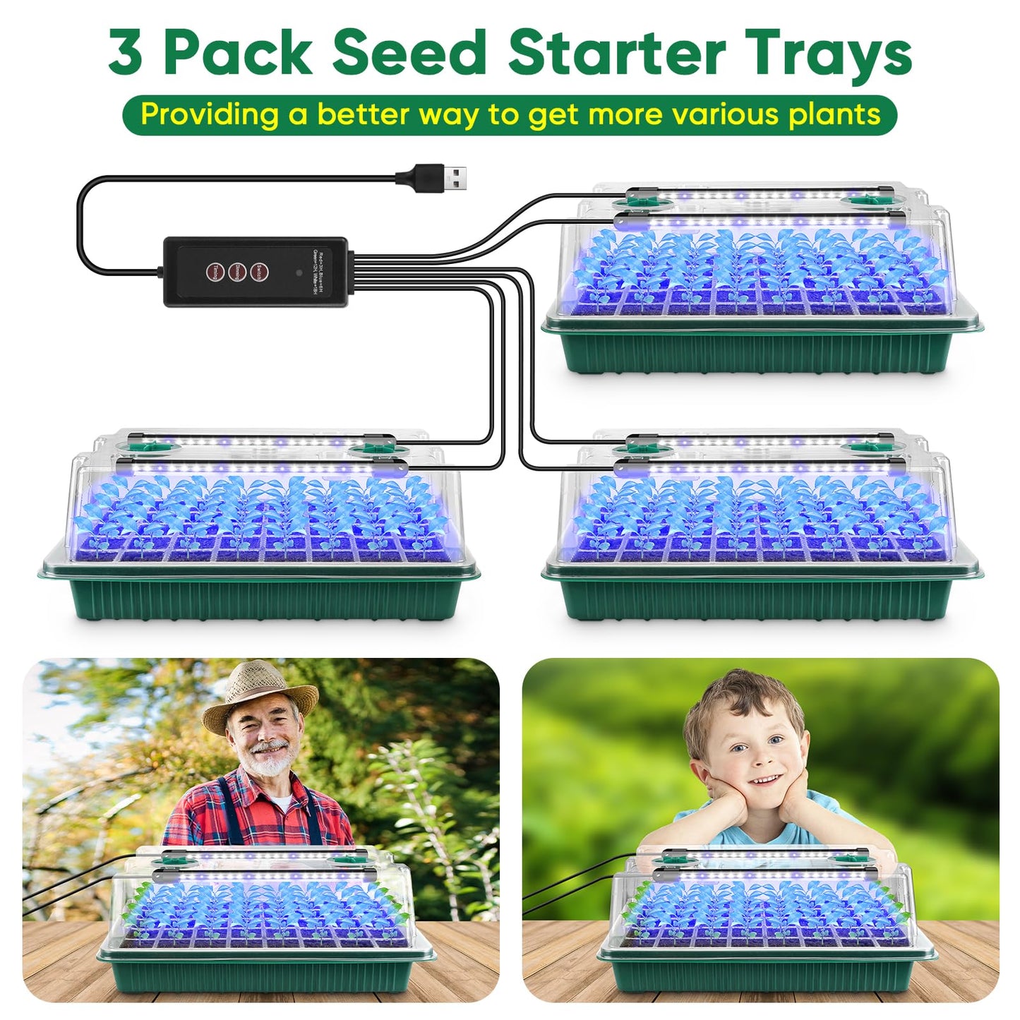 Seed Starter Tray with Grow Light,3 Pack 120 Cells Seedling Tray with Humidity Dome/Indoor Grow Kit for Deep-Rooted Seedlings,Adjustable/Timed Light Plant Starter Set