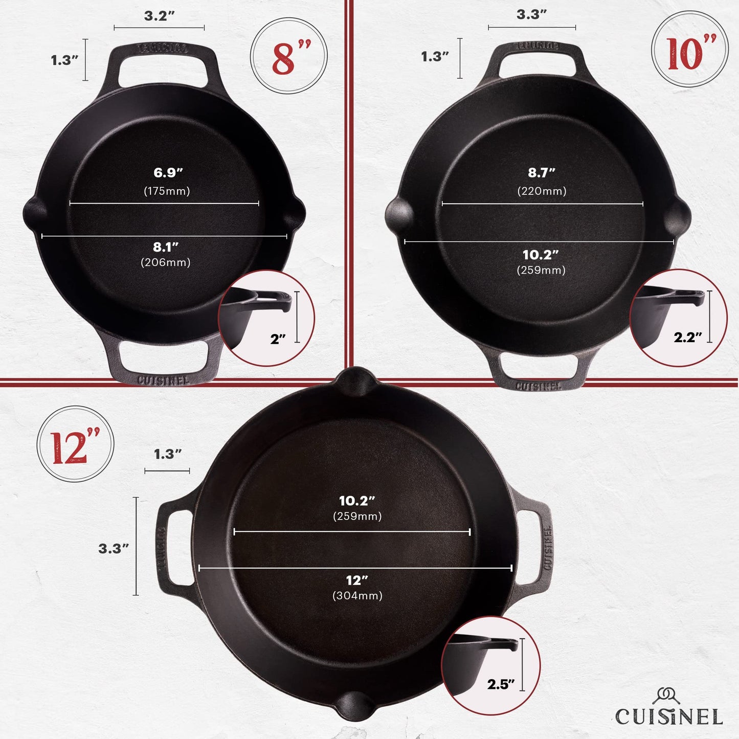 Cuisinel Cast Iron Skillet with Lid - 12"-inch Pre-Seasoned Covered Frying Pan Set + Silicone Handle & Lid Holders + Scraper/Cleaner - Indoor/Outdoor, Oven, Stovetop, Camping Fire, Grill Safe Cookware