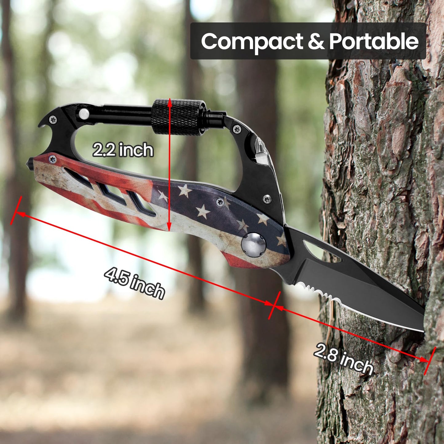 Multitool Carabiner with Pocket Knife, Stocking Stuffers Gifts for Men, EDC Carabiners with Folding Knives, Bottle Opener, Window Breaker and Screwdriver, Survival Gear for Camping Hiking