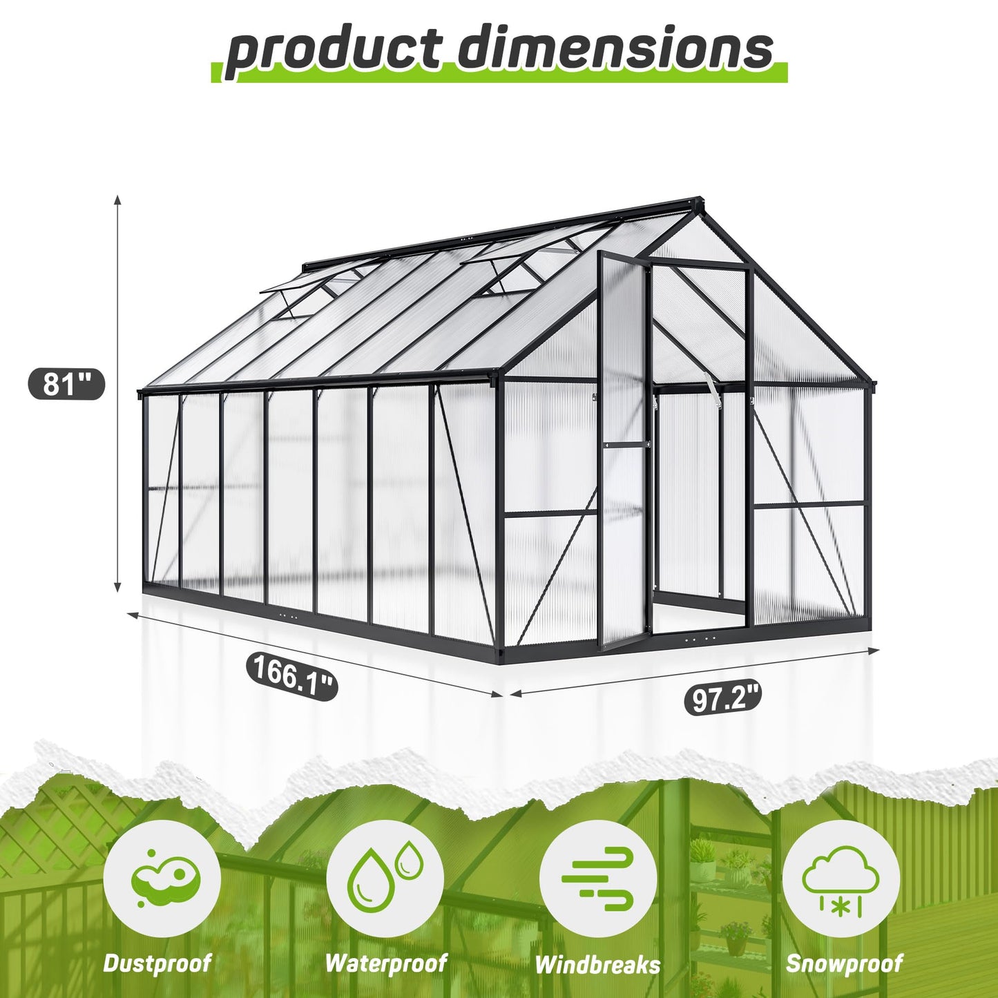 6x7.5 FT Greenhouse for Outdoors, Polycarbonate Greenhouse with Quick Setup Structure and Roof Vent, Aluminum Large Walk-in Greenhouse for Outside Garden Backyard, Black