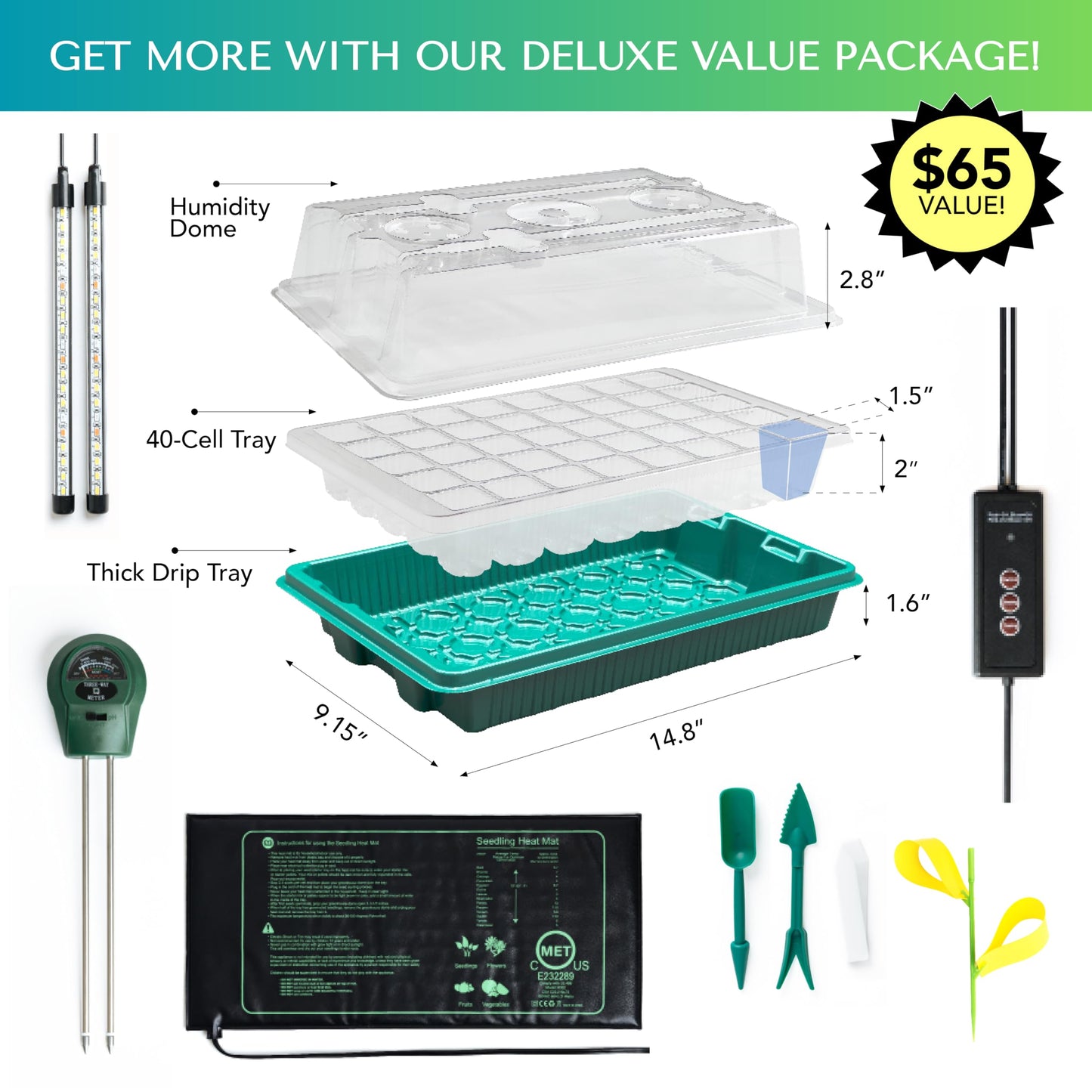 Upgraded Seed Starter Tray with Grow Lights and Heat Mat, 3-in-1 Soil Meter, & Sticky Gnat Traps, 40-Cell Seed Growing Tray, Germination & Plant Propagation Station for Indoor Plants