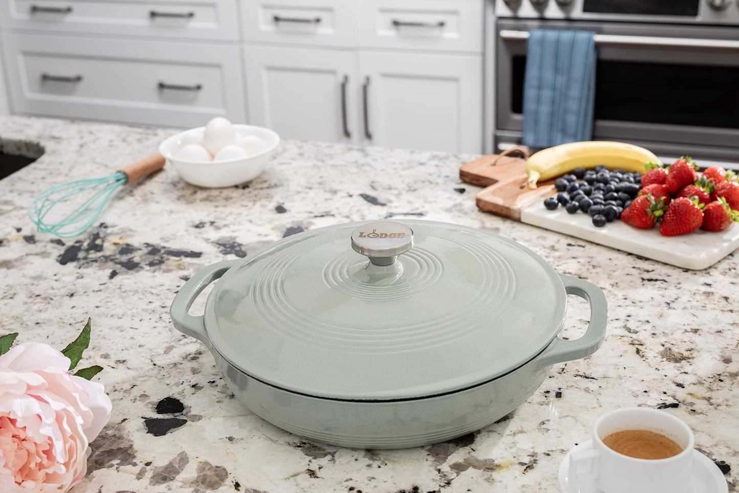 Lodge 3.6 Quart Enameled Cast Iron Oval Casserole With Lid– Dual Handles – Oven Safe up to 500° F or on Stovetop - Use to Marinate, Cook, Bake, Refrigerate and Serve – Oyster White