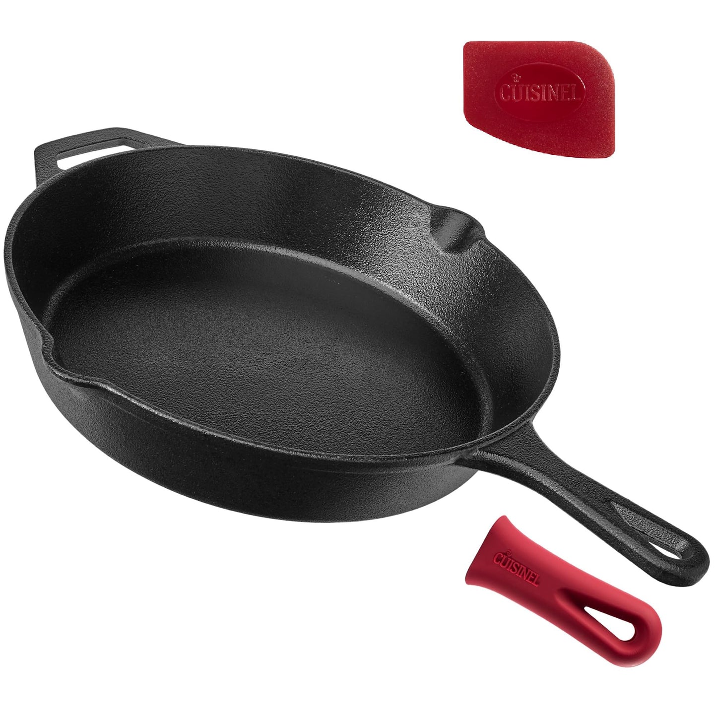 Cuisinel Cast Iron Skillet with Lid - 12"-inch Pre-Seasoned Covered Frying Pan Set + Silicone Handle & Lid Holders + Scraper/Cleaner - Indoor/Outdoor, Oven, Stovetop, Camping Fire, Grill Safe Cookware