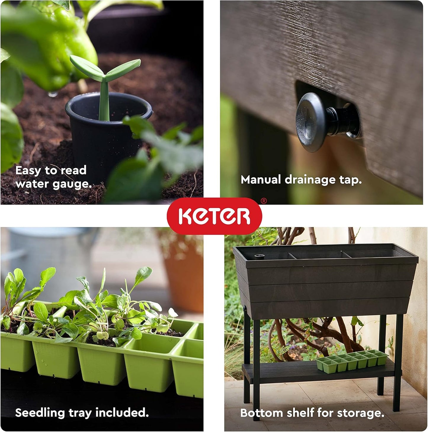 Keter Urban Bloomer 12.7 Gallon Raised Garden Bed and Outdoor Herb Garden Planter with Self Watering Gauge and Drainage Plug, Dark Grey